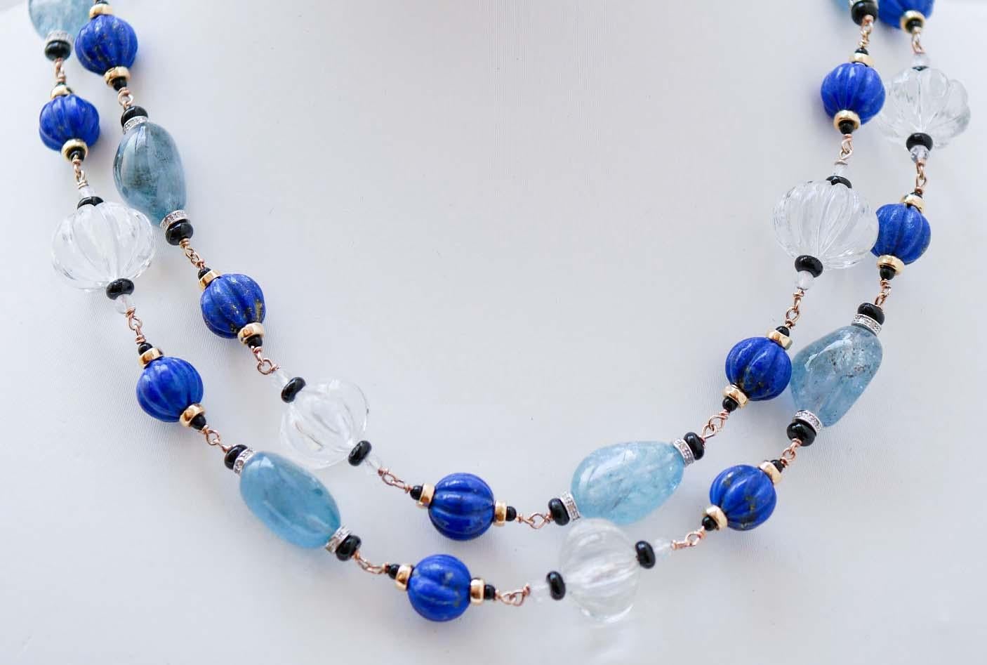 Mixed Cut Rock Crystal, Lapis, Onyx, Diamonds, Aquamarine, Rose Gold Necklace. For Sale