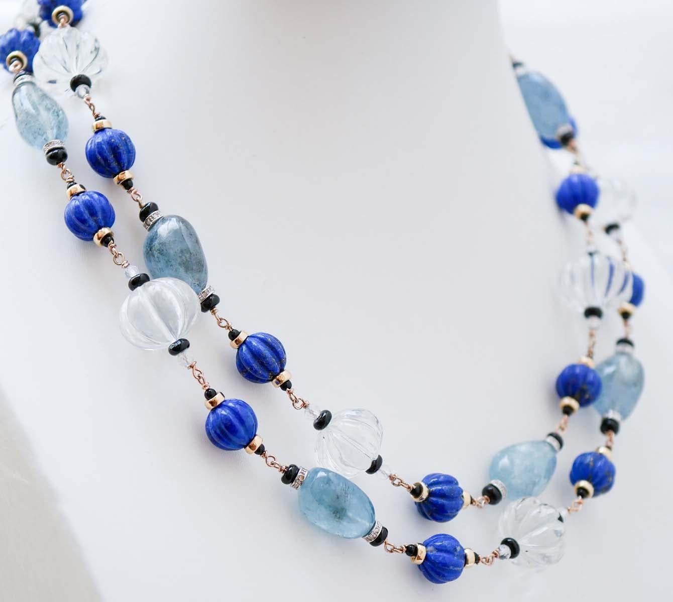 Rock Crystal, Lapis, Onyx, Diamonds, Aquamarine, Rose Gold Necklace. In Good Condition For Sale In Marcianise, Marcianise (CE)