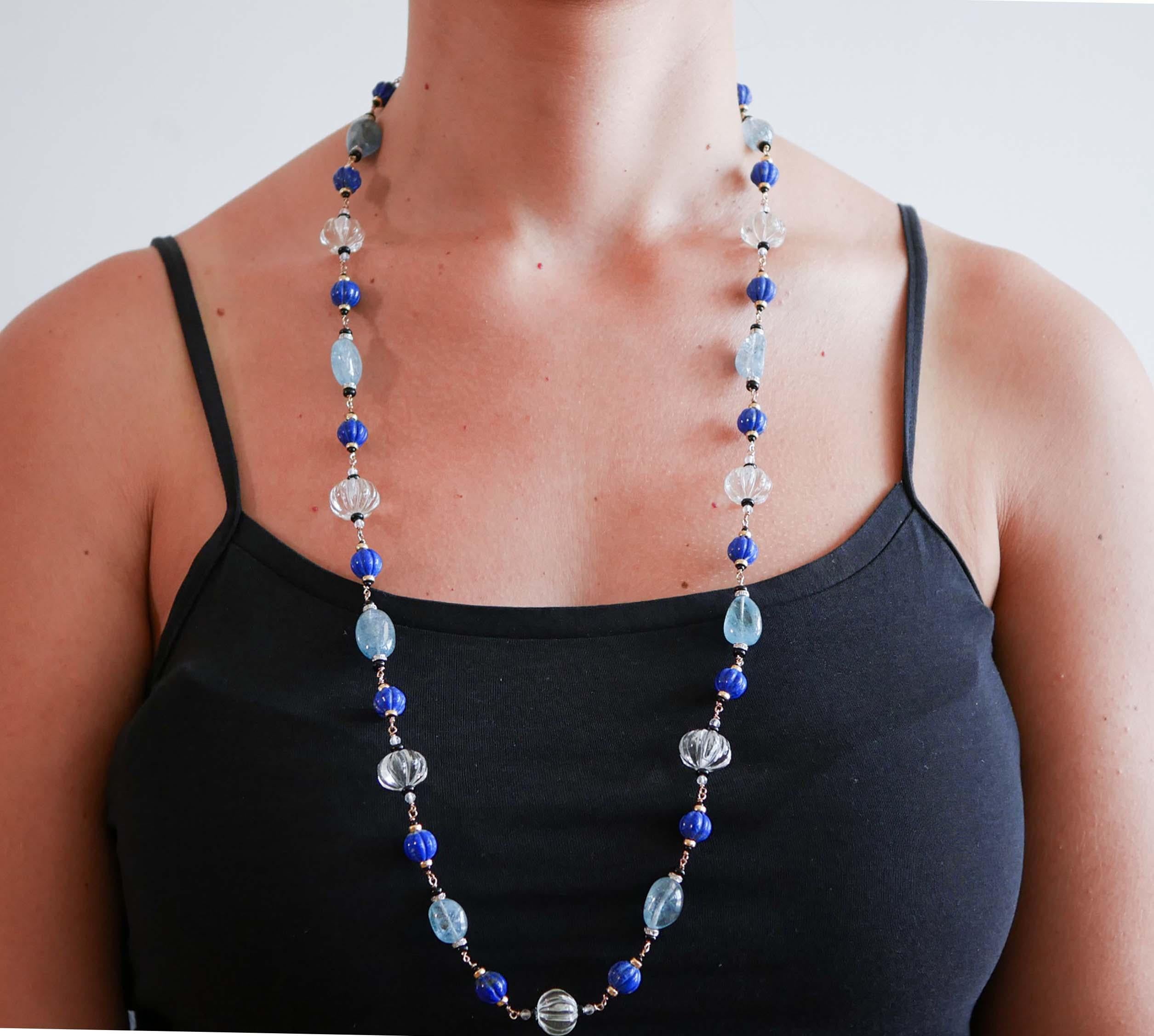 Women's Rock Crystal, Lapis, Onyx, Diamonds, Aquamarine, Rose Gold Necklace. For Sale