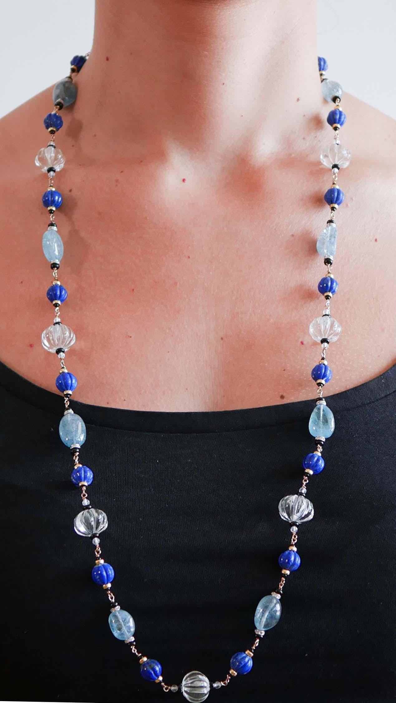 Rock Crystal, Lapis, Onyx, Diamonds, Aquamarine, Rose Gold Necklace. For Sale 1