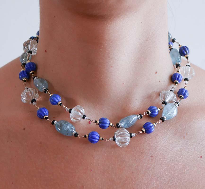 Rock Crystal, Lapis, Onyx, Diamonds, Aquamarine, Rose Gold Necklace. For Sale 2