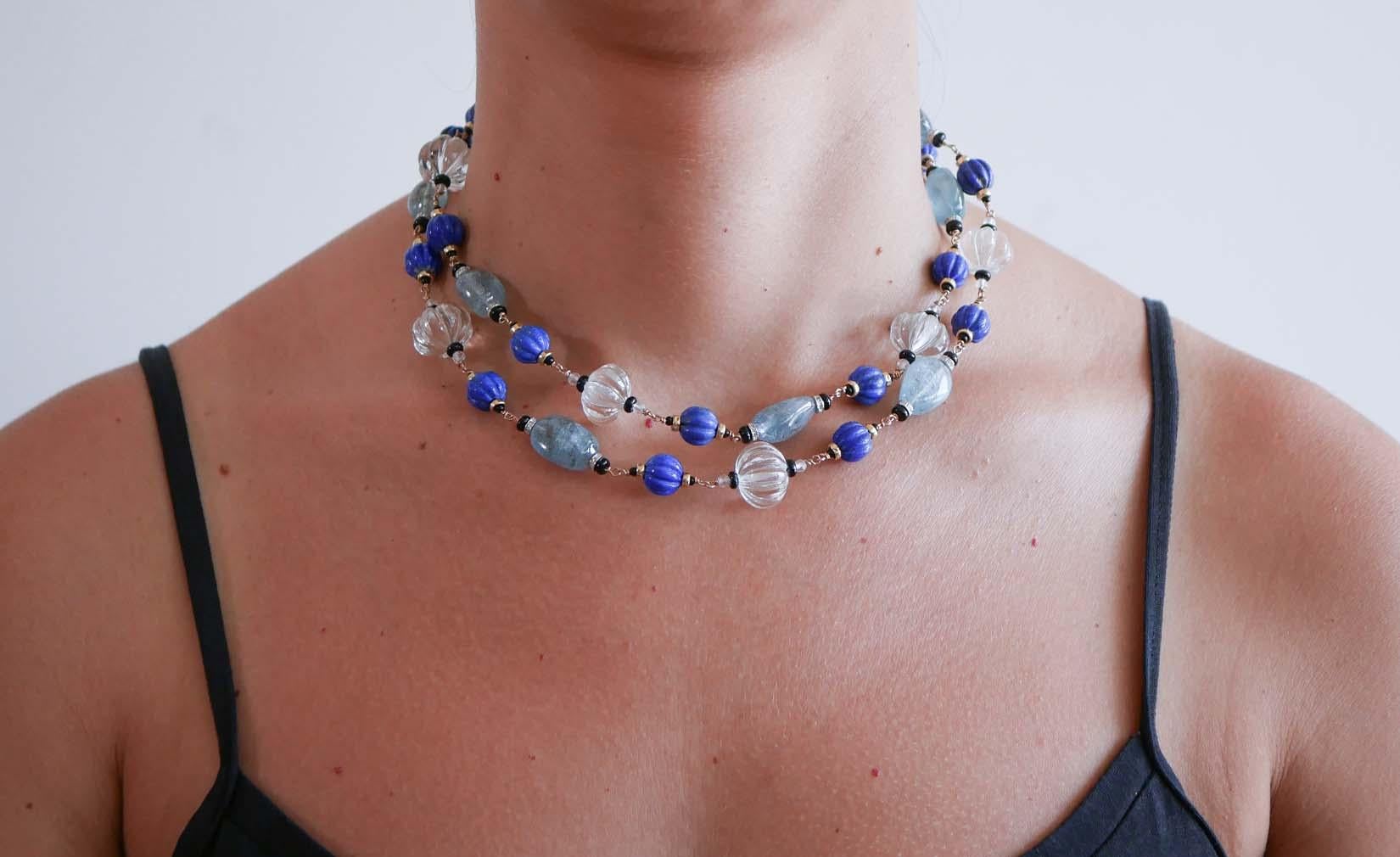 Rock Crystal, Lapis, Onyx, Diamonds, Aquamarine, Rose Gold Necklace. For Sale 3