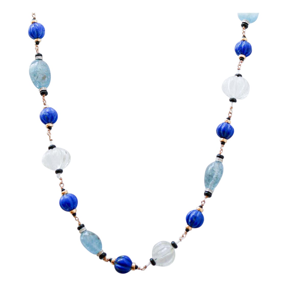 Rock Crystal, Lapis, Onyx, Diamonds, Aquamarine, Rose Gold Necklace.
