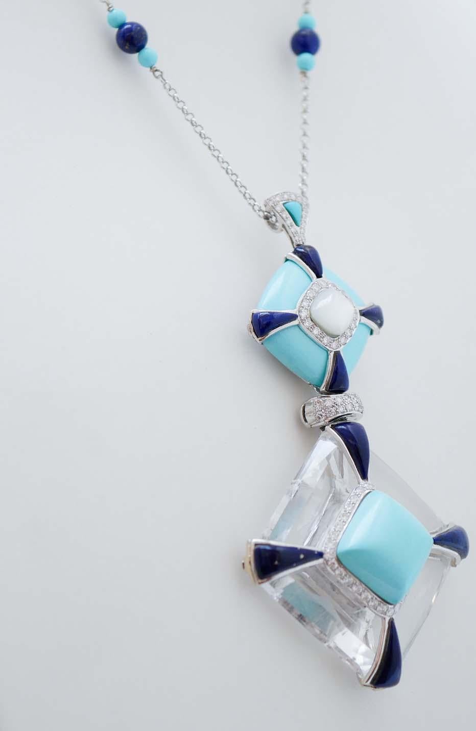 Rétro Cristallo di rocca, Lapis, Turchese, Diamanti, Pietra, Ciondolo da collo in oro bianco 18 Kt in vendita