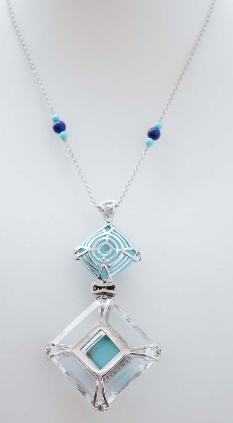 Taglio misto Cristallo di rocca, Lapis, Turchese, Diamanti, Pietra, Ciondolo da collo in oro bianco 18 Kt in vendita