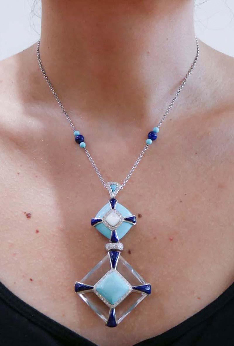 Cristallo di rocca, Lapis, Turchese, Diamanti, Pietra, Ciondolo da collo in oro bianco 18 Kt In condizioni buone in vendita a Marcianise, Marcianise (CE)