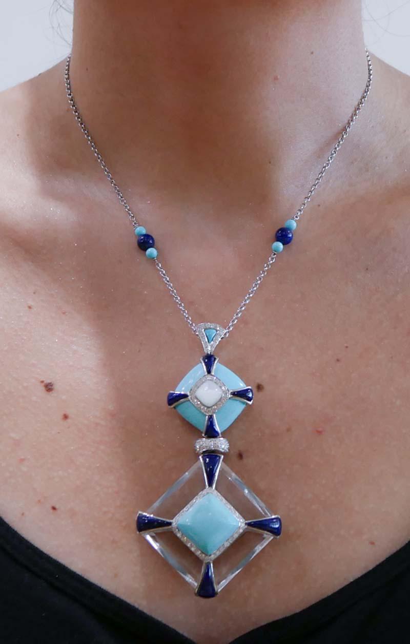 Donna Cristallo di rocca, Lapis, Turchese, Diamanti, Pietra, Ciondolo da collo in oro bianco 18 Kt in vendita