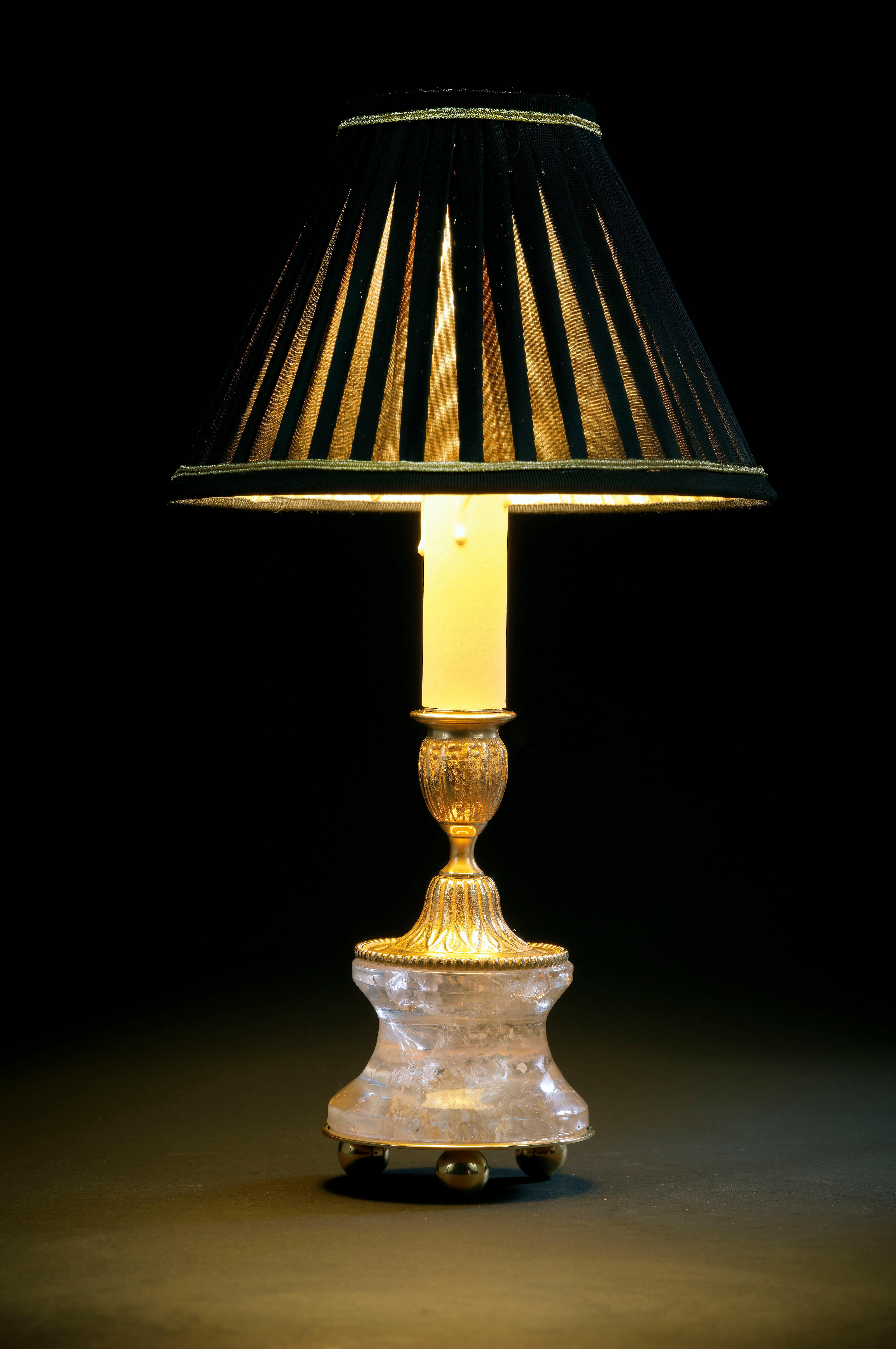 Louis XVI Rock Crystal Louis The XVI th Style 24 K Ormolu Gilding Bronze Lamp Black Shades For Sale