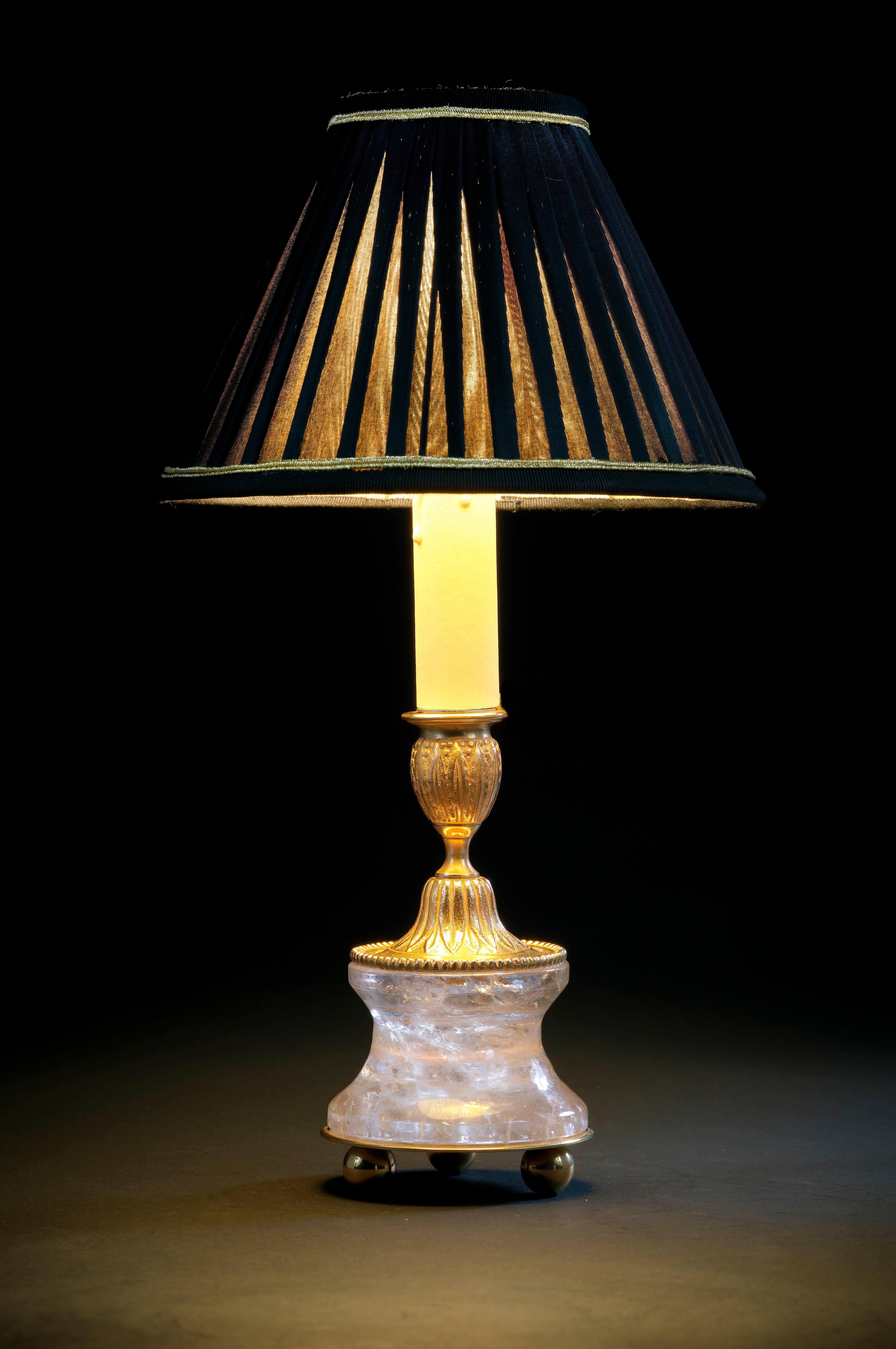 French Rock Crystal Louis The XVI th Style 24 K Ormolu Gilding Bronze Lamp Black Shades For Sale
