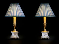 Rock Crystal Louis the XVIth Style 24 K Ormolu Gilding Bronze Lamps Blue Shades