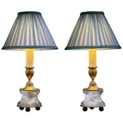 Rock Crystal Louis the XVIth Style 24 K Ormolu Gilding Bronze Lamps Blue Shades