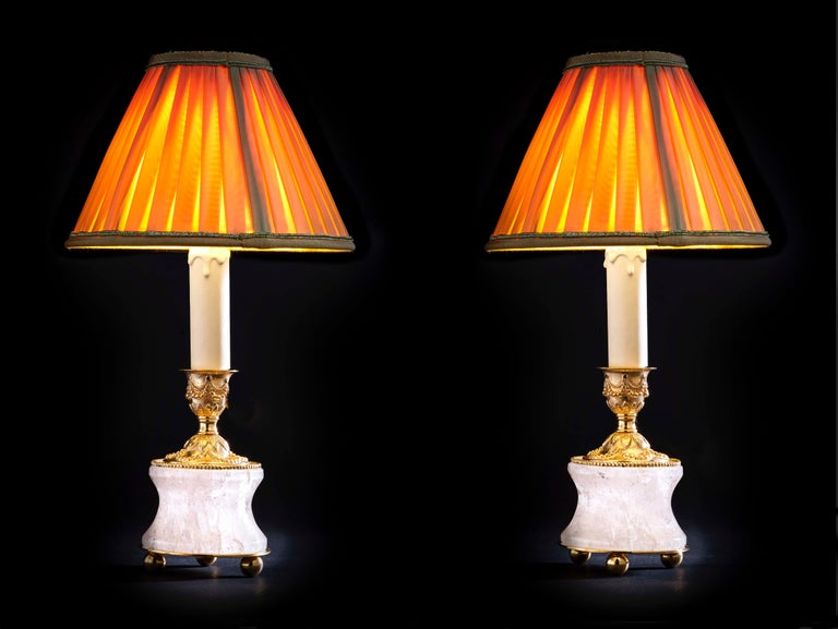 Rock Crystal Louis XVI Style 24Karat Ormolu Gilding Bronze Lamps Gold