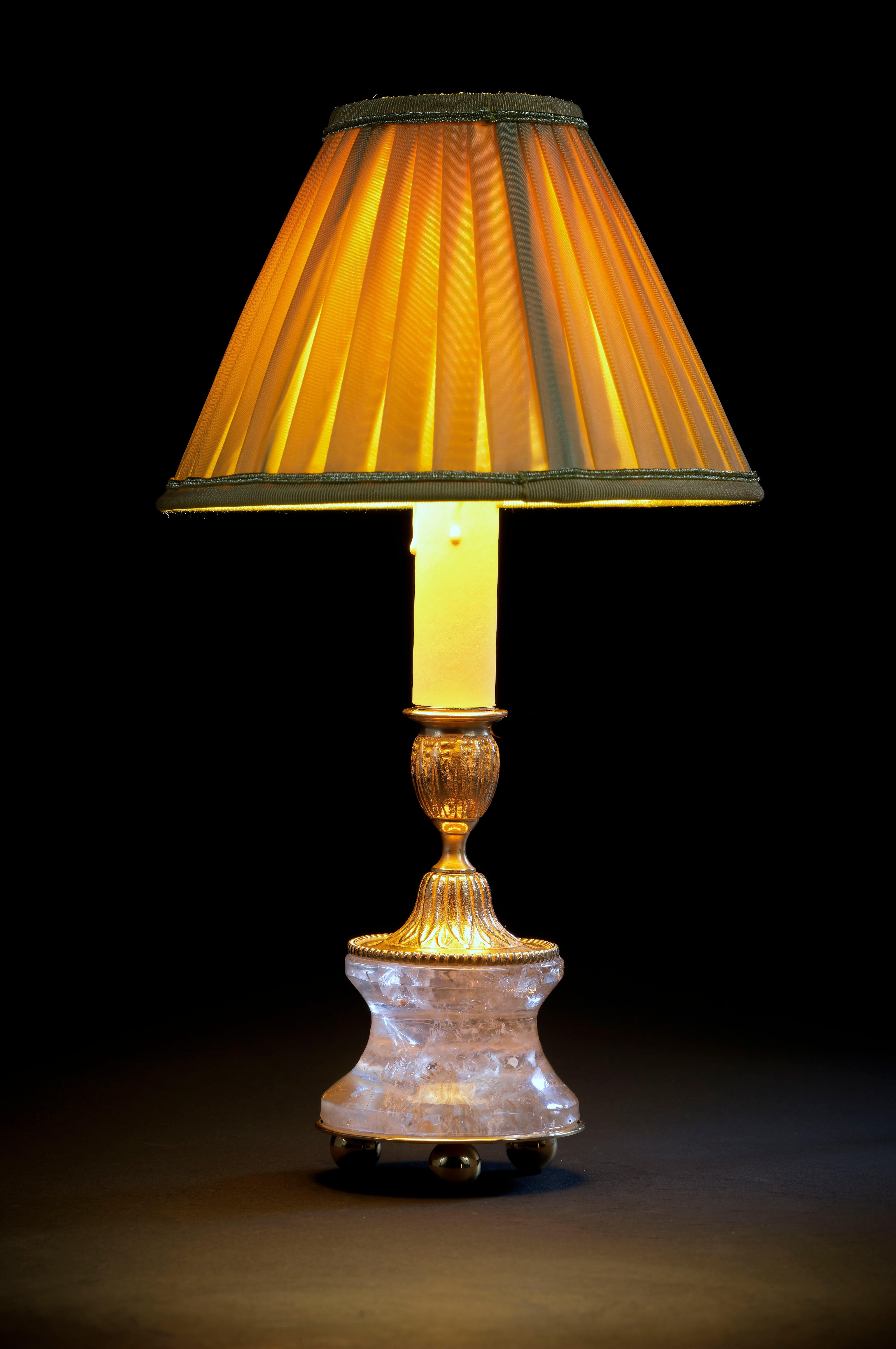 French Rock Crystal Louis XVI Style 24-Karat Ormolu Gilding Bronze Lamps Gold Shades For Sale