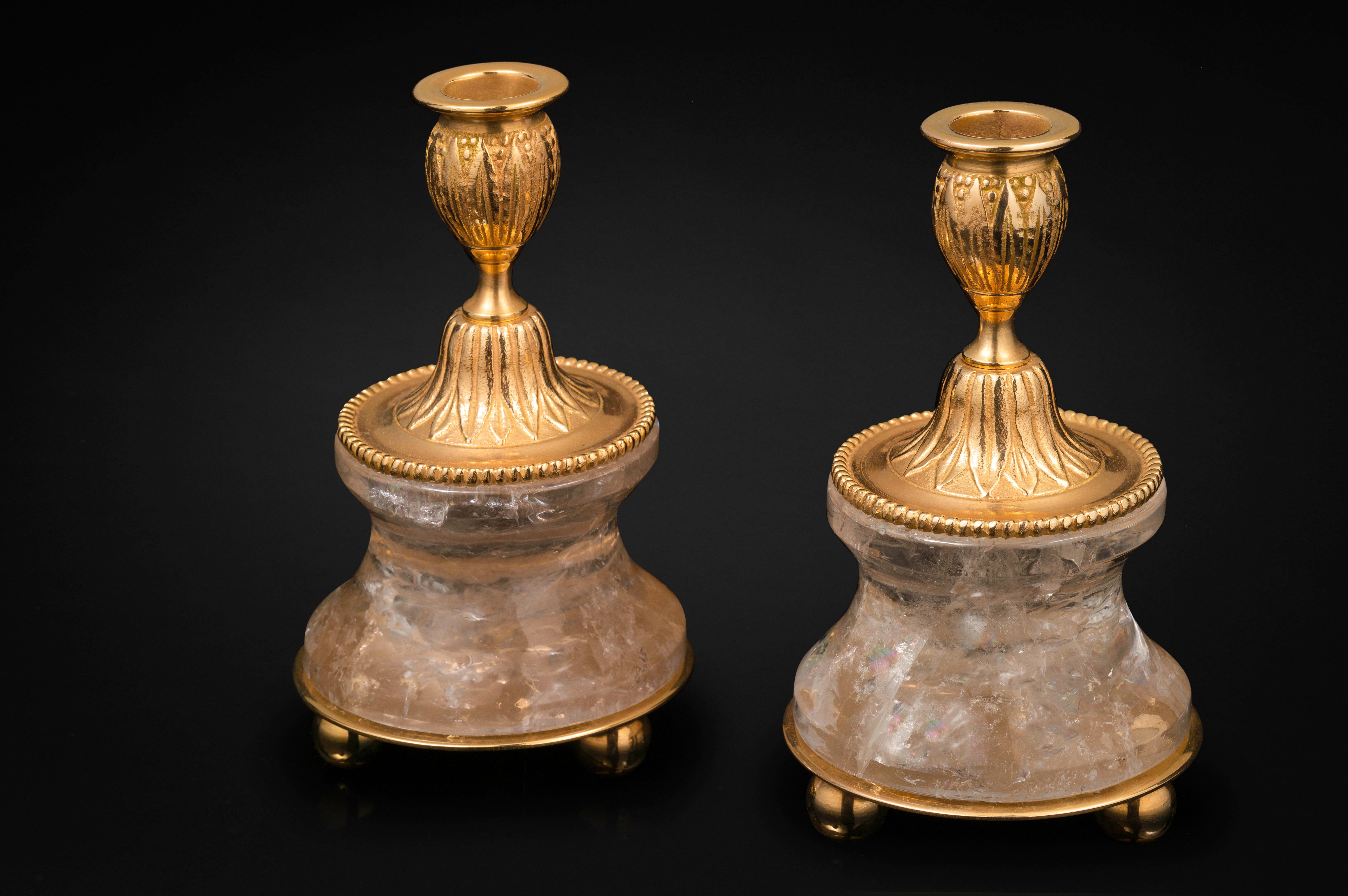 Contemporary Rock Crystal Louis XVI Style 24-Karat Ormolu Gilding Bronze Lamps Gold Shades For Sale