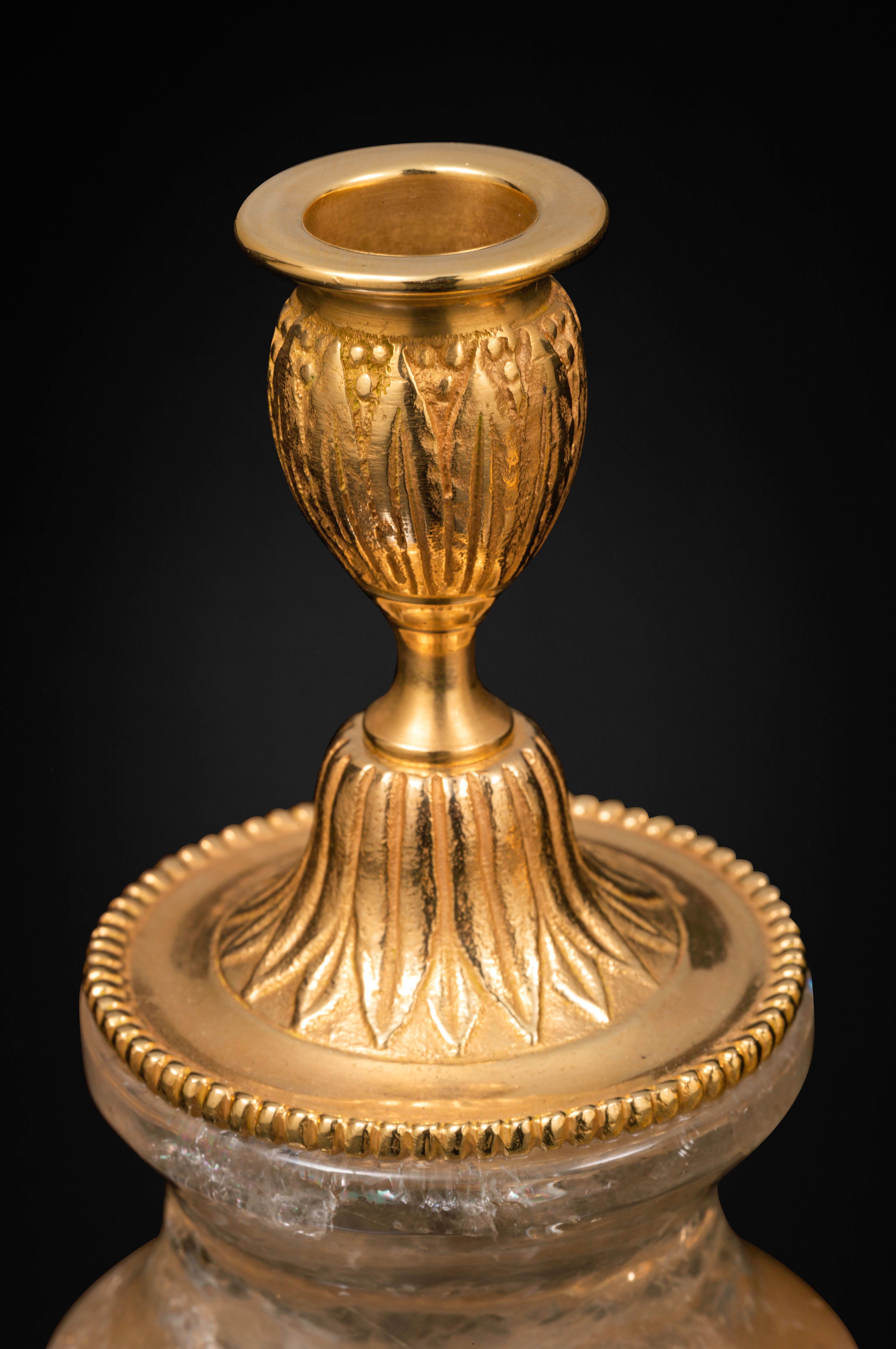 Rock Crystal Louis XVI Style 24-Karat Ormolu Gilding Bronze Lamps Gold Shades For Sale 1