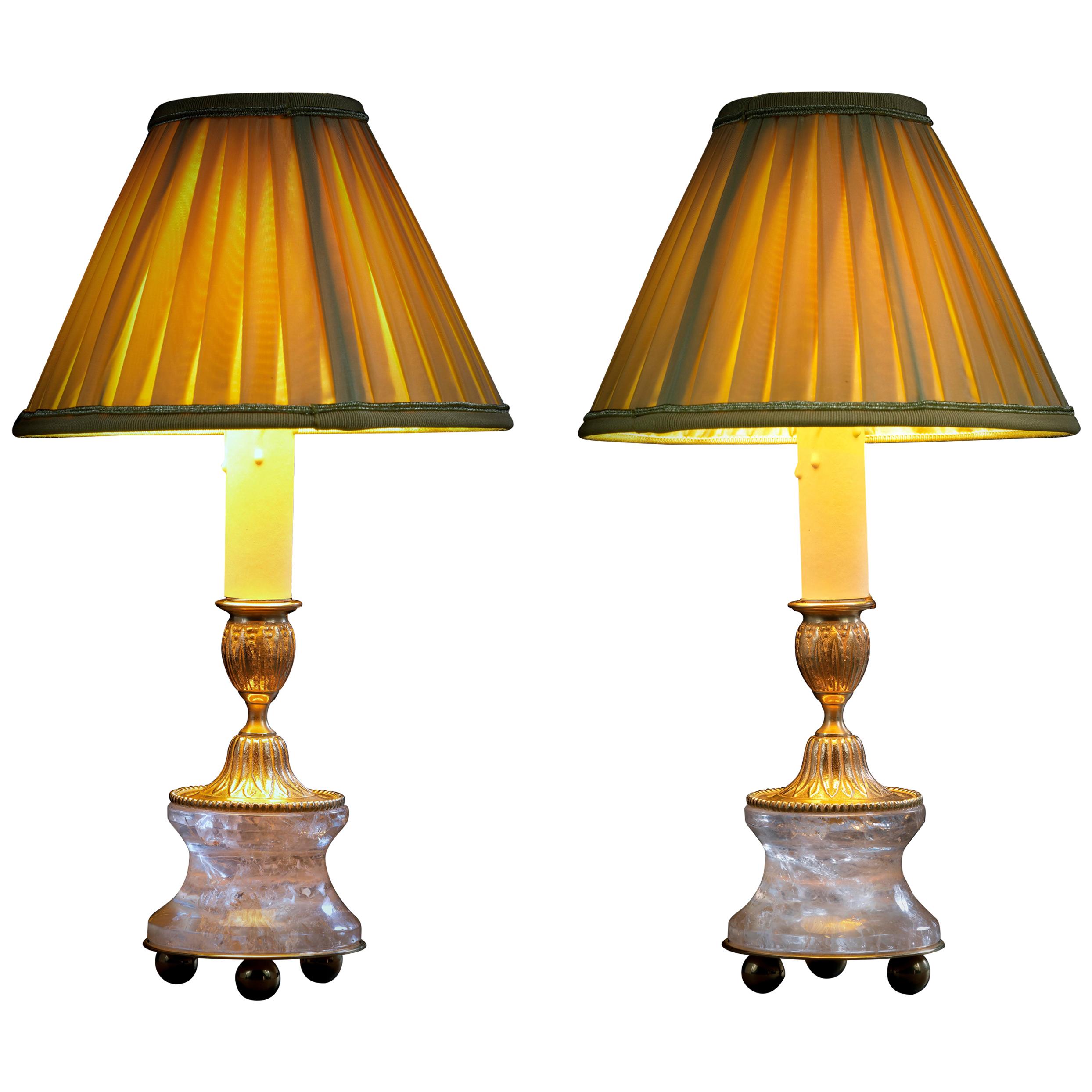 Rock Crystal Louis XVI Style 24-Karat Ormolu Gilding Bronze Lamps Gold Shades For Sale