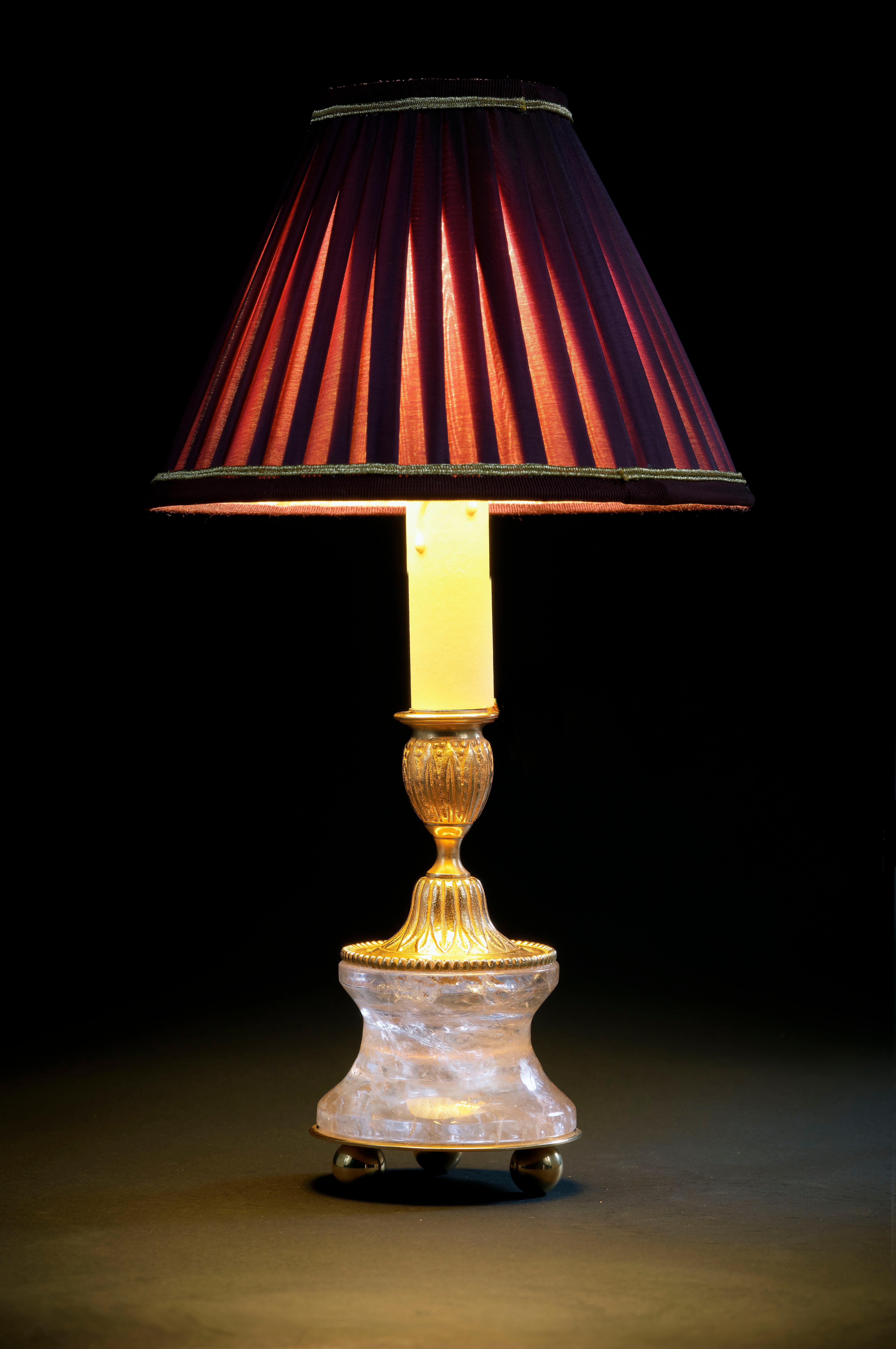 Louis XVI Rock Crystal Louis The XVIth Style 24K Ormolu Gilding Bronze Lamp Purple Shades For Sale