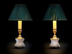 Rock Crystal Louis the XVIth Style 24-K Ormolu Gilding Bronze Lamps Green Shades