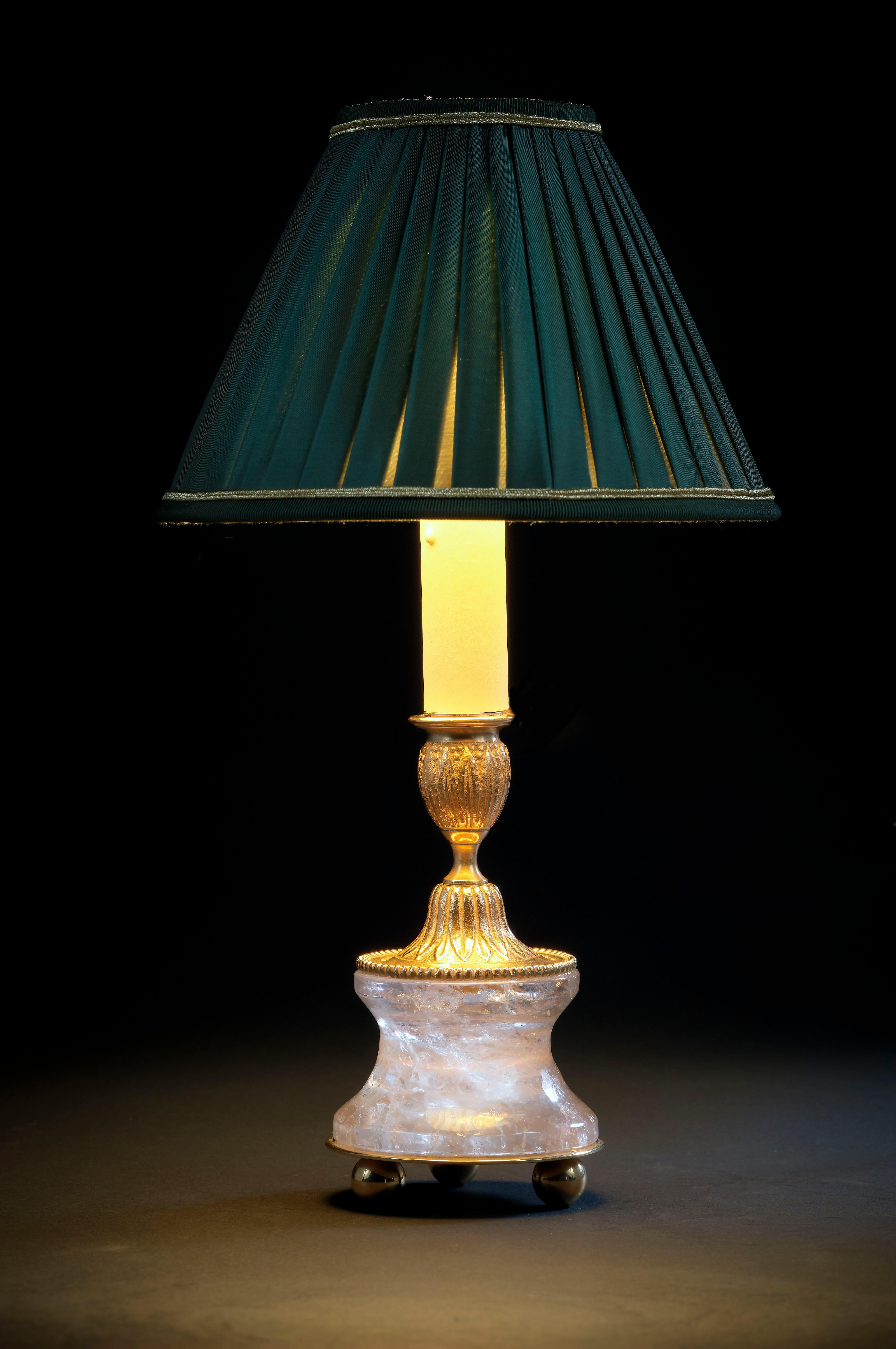 Louis XVI Rock Crystal Louis the XVIth Style 24-K Ormolu Gilding Bronze Lamps Green Shades For Sale