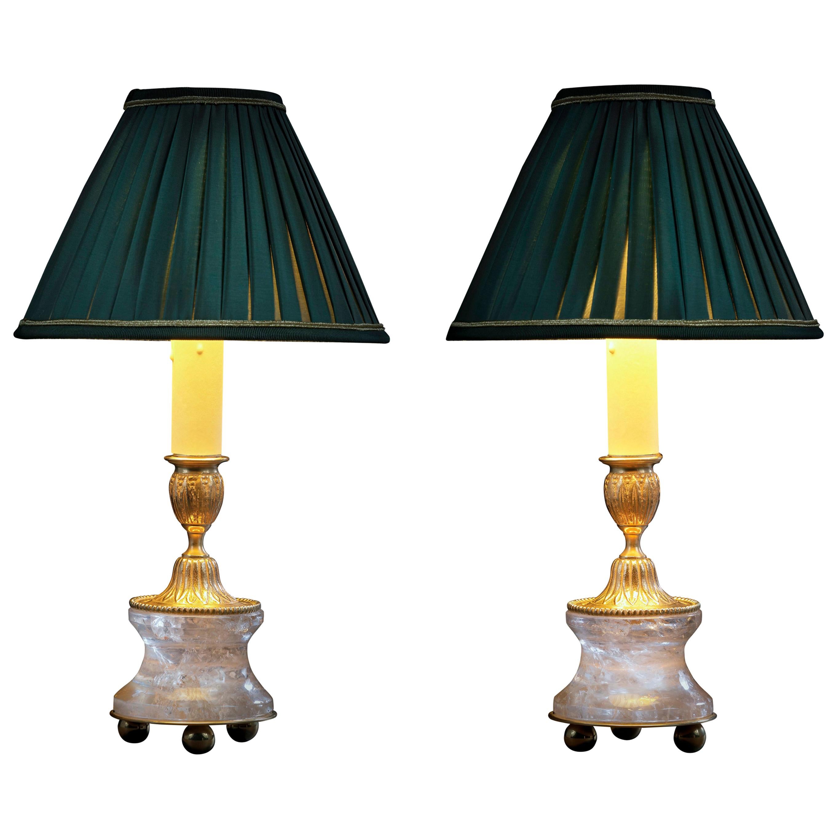 Rock Crystal Louis the XVIth Style 24-K Ormolu Gilding Bronze Lamps Green Shades For Sale