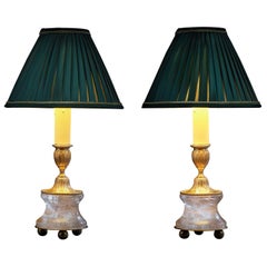 Rock Crystal Louis the XVIth Style 24-K Ormolu Gilding Bronze Lamps Green Shades