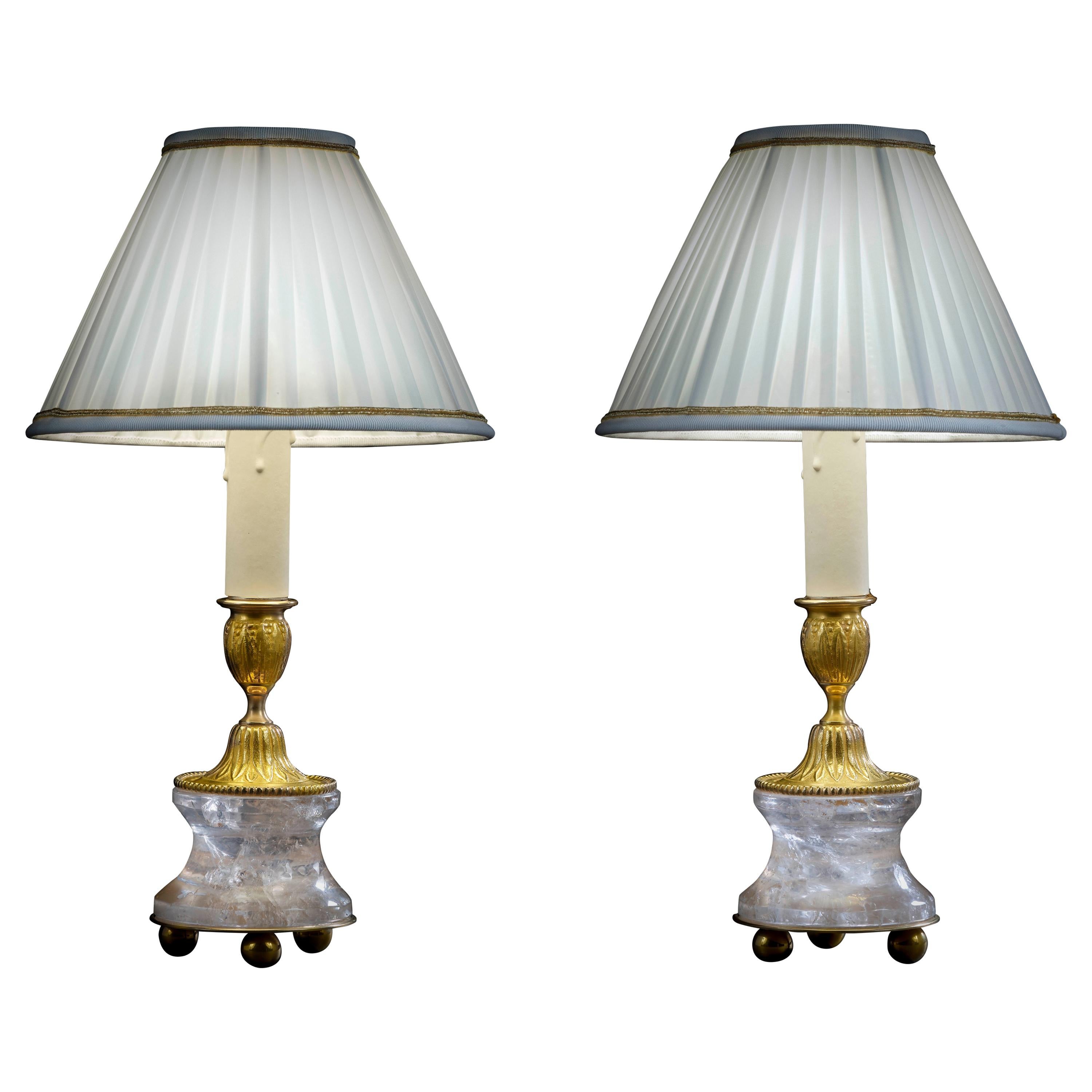Rock Crystal Louis the XVI th Style 24K Ormolu Gilding Bronze Lamps White Shades
