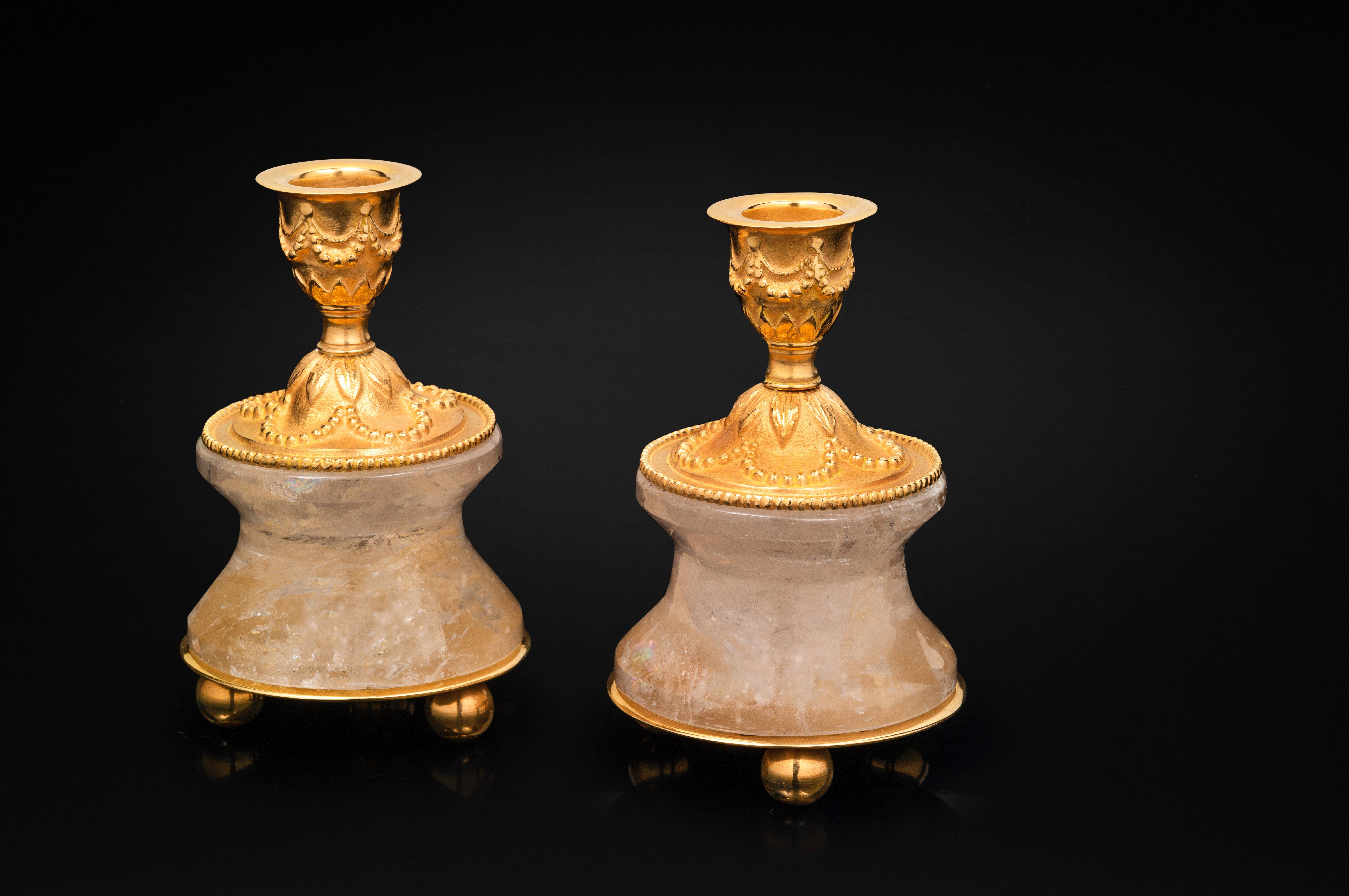 French Rock Crystal Louis XVI Style 24-Karat Ormolu Gilding Bronze Lamps Black Shades For Sale