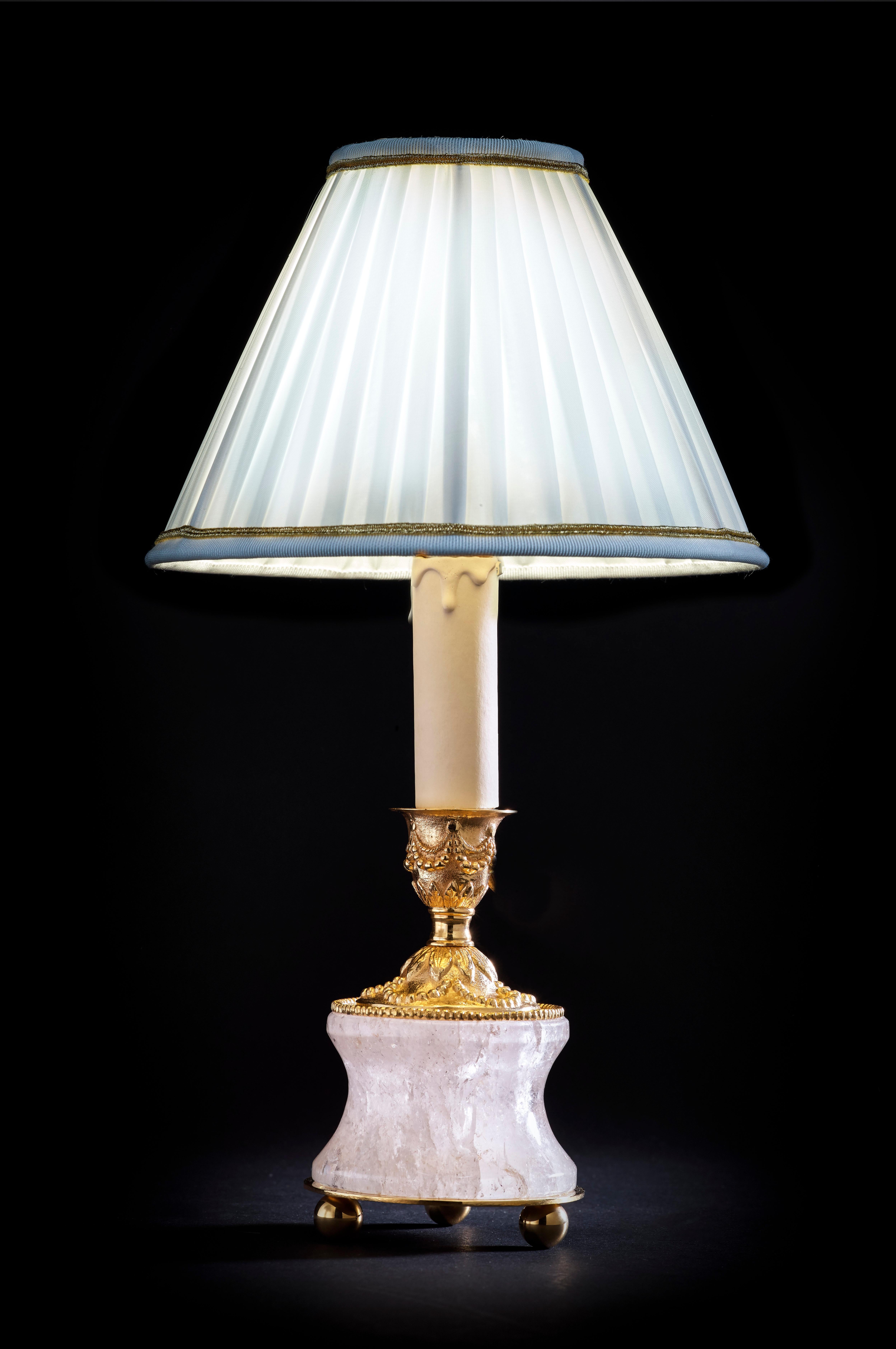 Louis XVI Rock Crystal Louis the Xvith Style 24k Ormolu Gilding Bronze Lamps Blue Shades