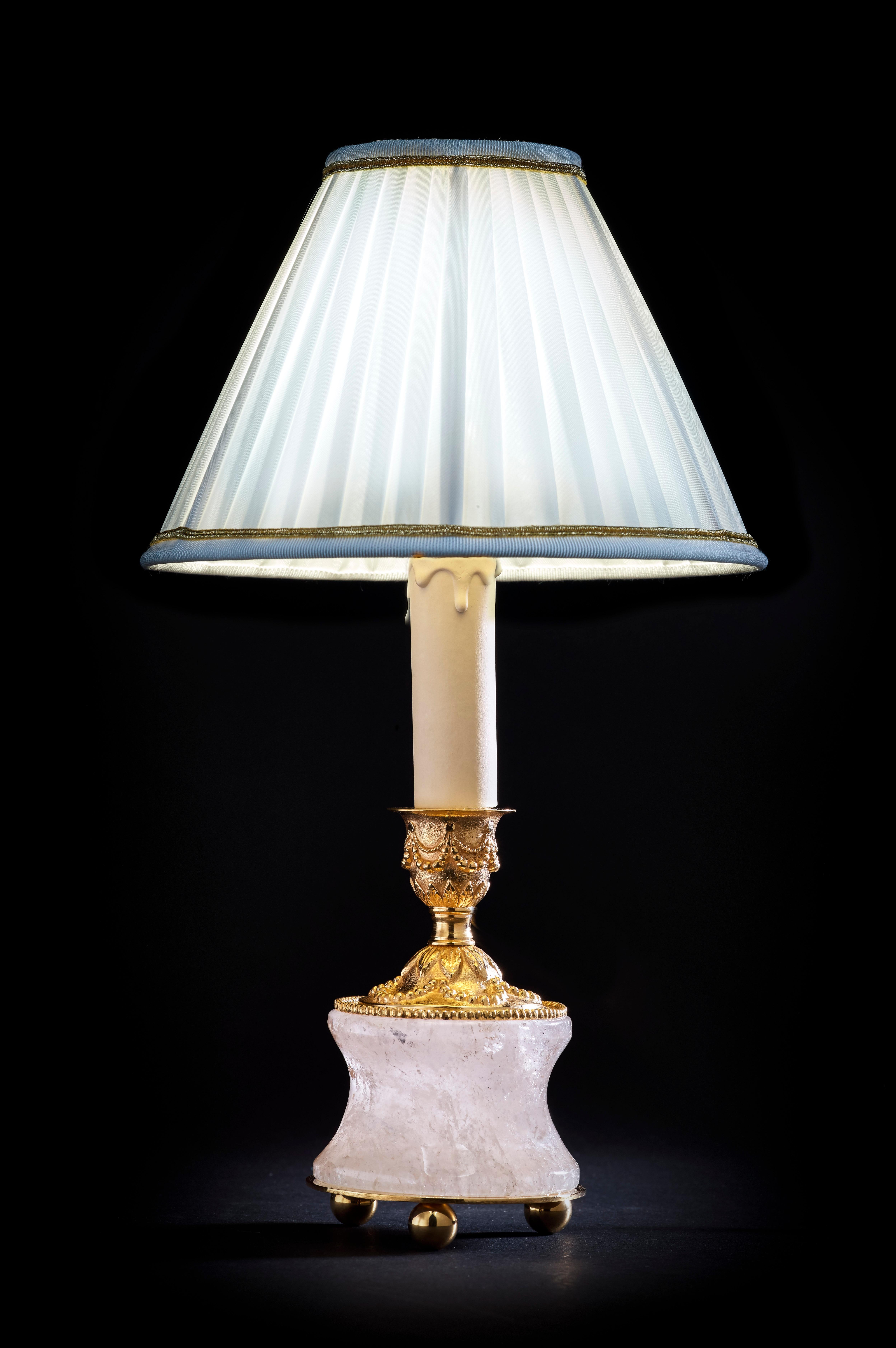 French Rock Crystal Louis the Xvith Style 24k Ormolu Gilding Bronze Lamps Blue Shades