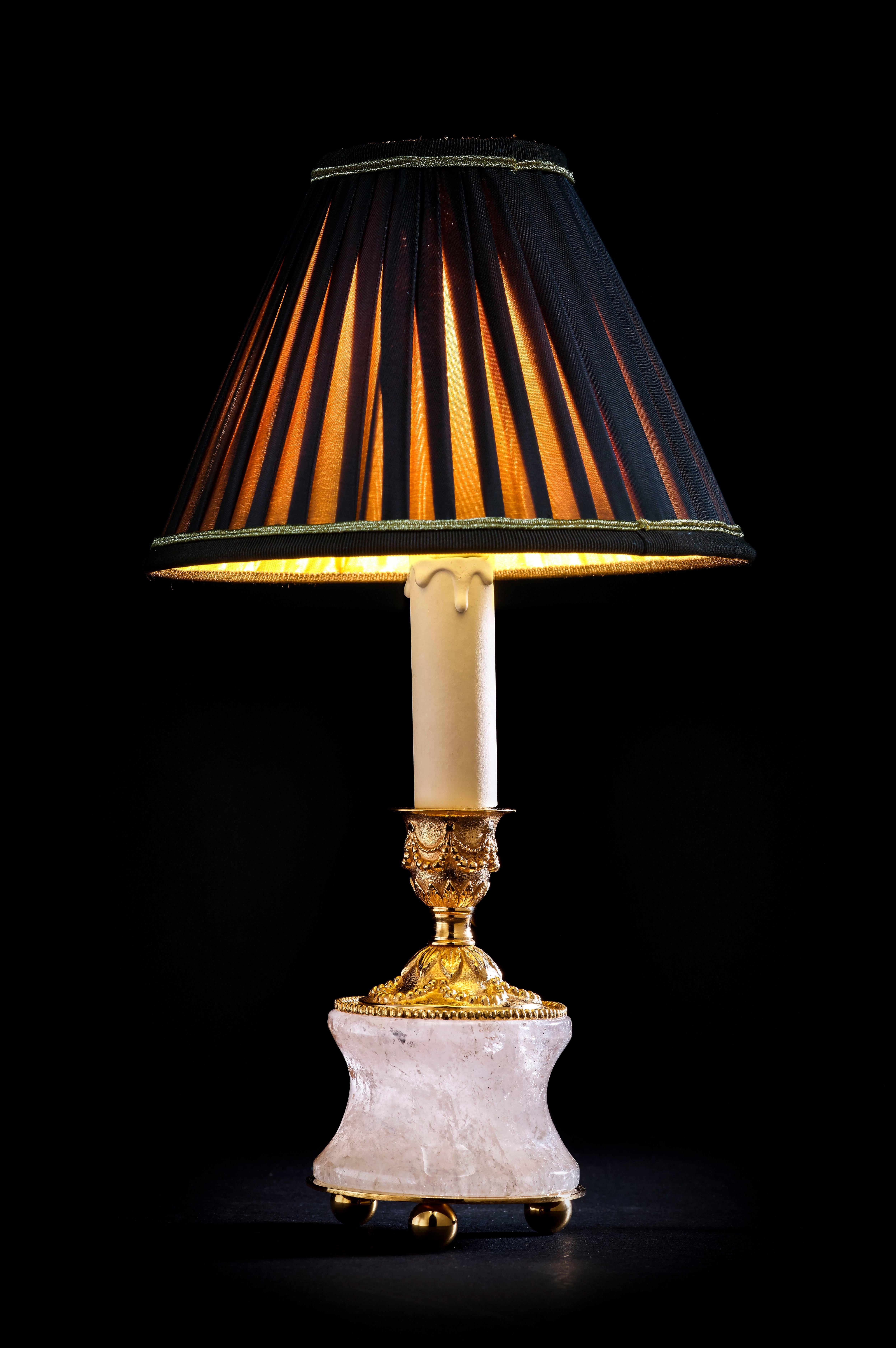 Louis XVI Rock Crystal Louis the XVIth Style 24K Ormolu Gilding Bronze Lamps Brown Shades For Sale