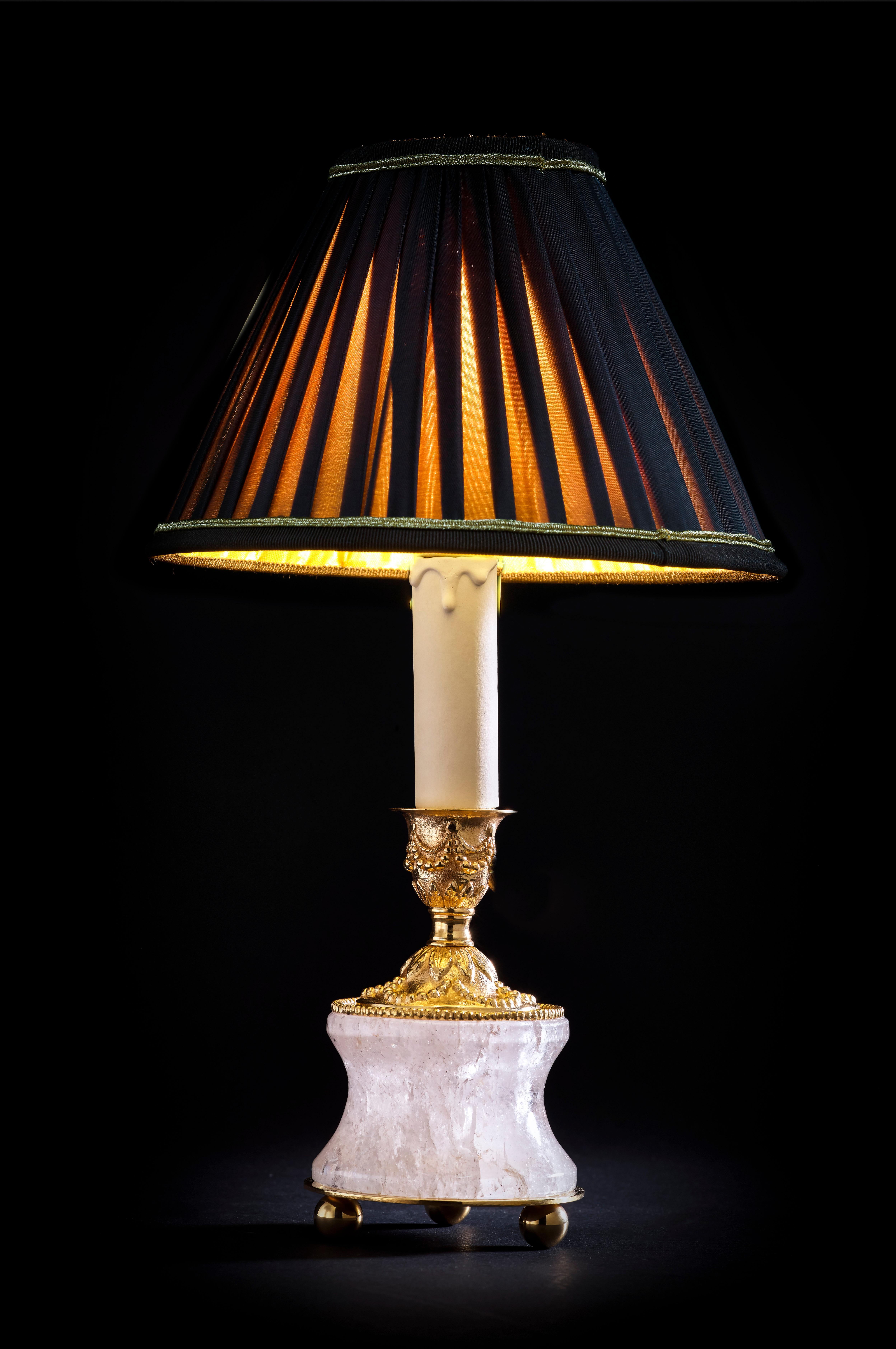 French Rock Crystal Louis the XVIth Style 24K Ormolu Gilding Bronze Lamps Brown Shades