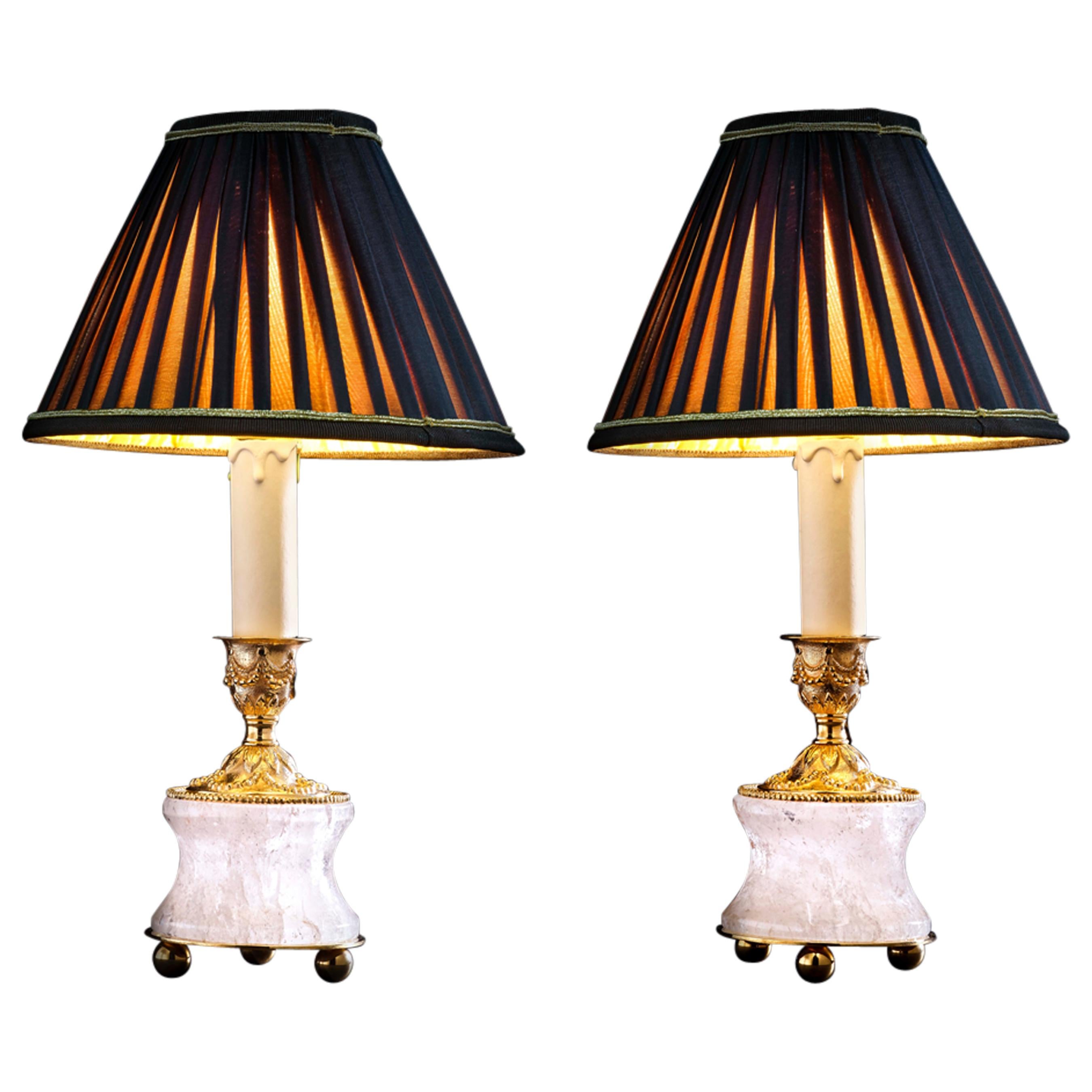 Rock Crystal Louis the XVIth Style 24K Ormolu Gilding Bronze Lamps Brown Shades For Sale