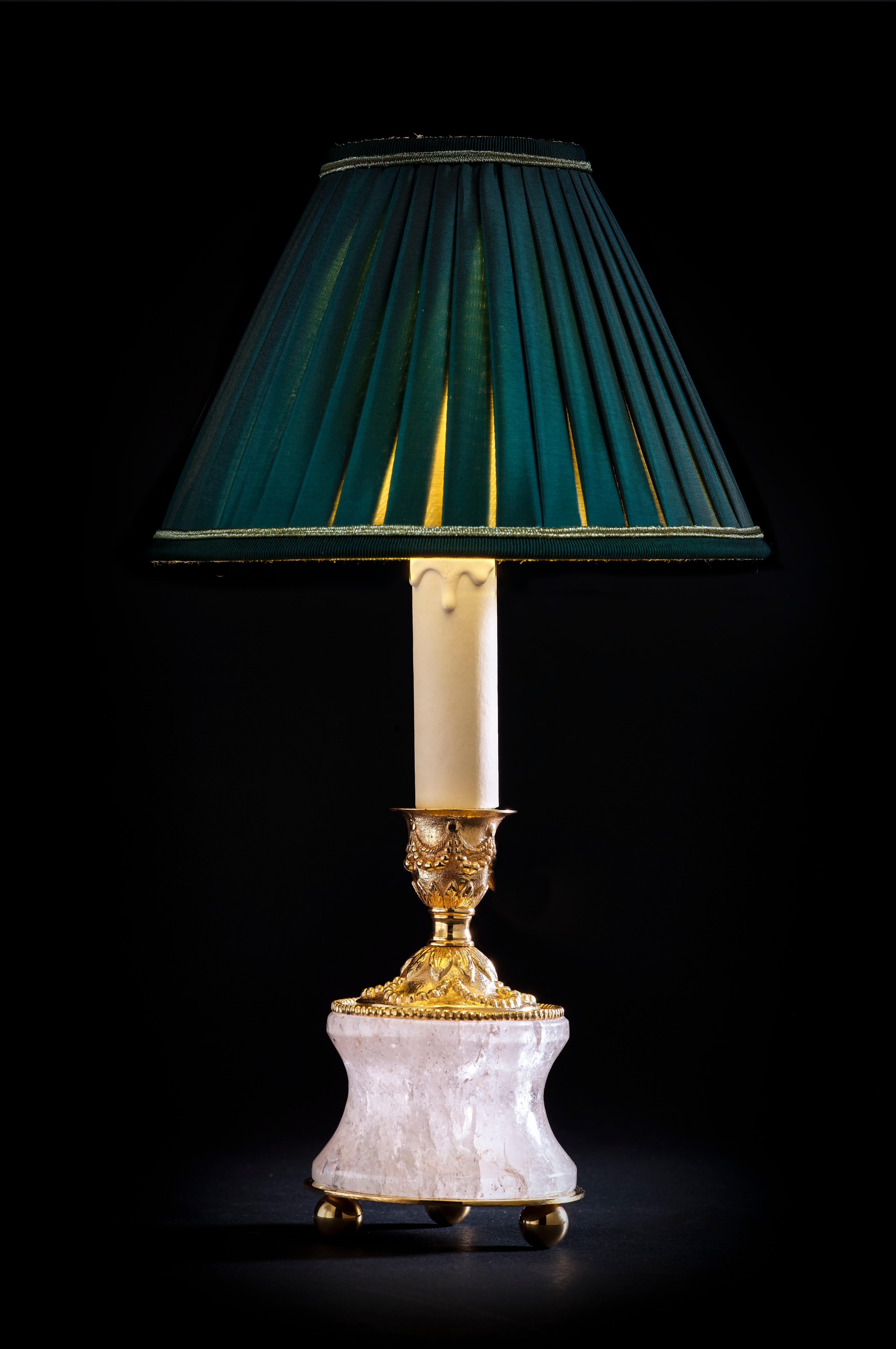 Louis XVI Rock Crystal Louis the Xvith Style 24k Ormolu Gilding Bronze Lamps Green Shades