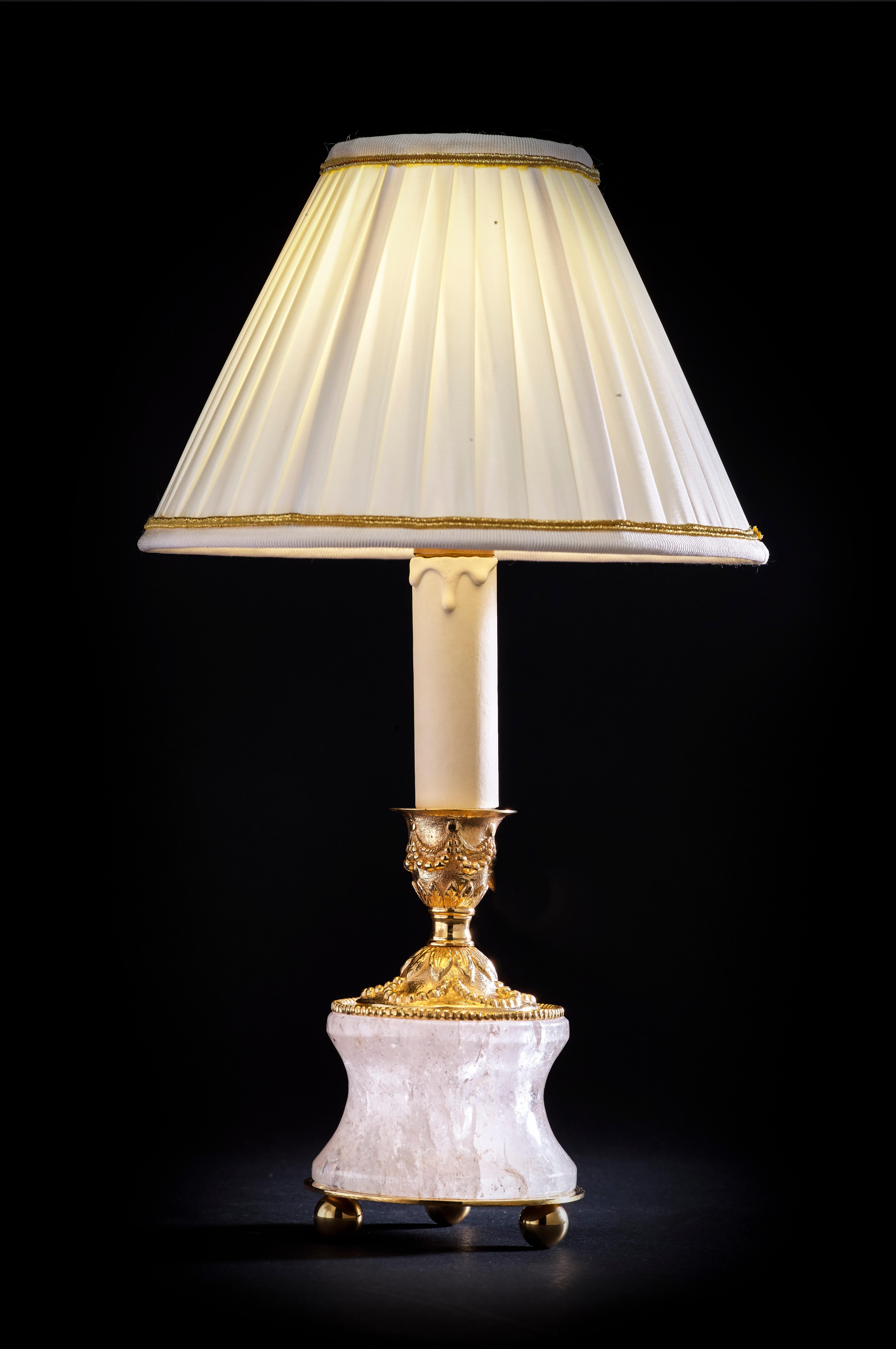 French Rock Crystal Louis XVI Style 24-Karat Ormolu Gilding Bronze Lamps Ivory Shades For Sale