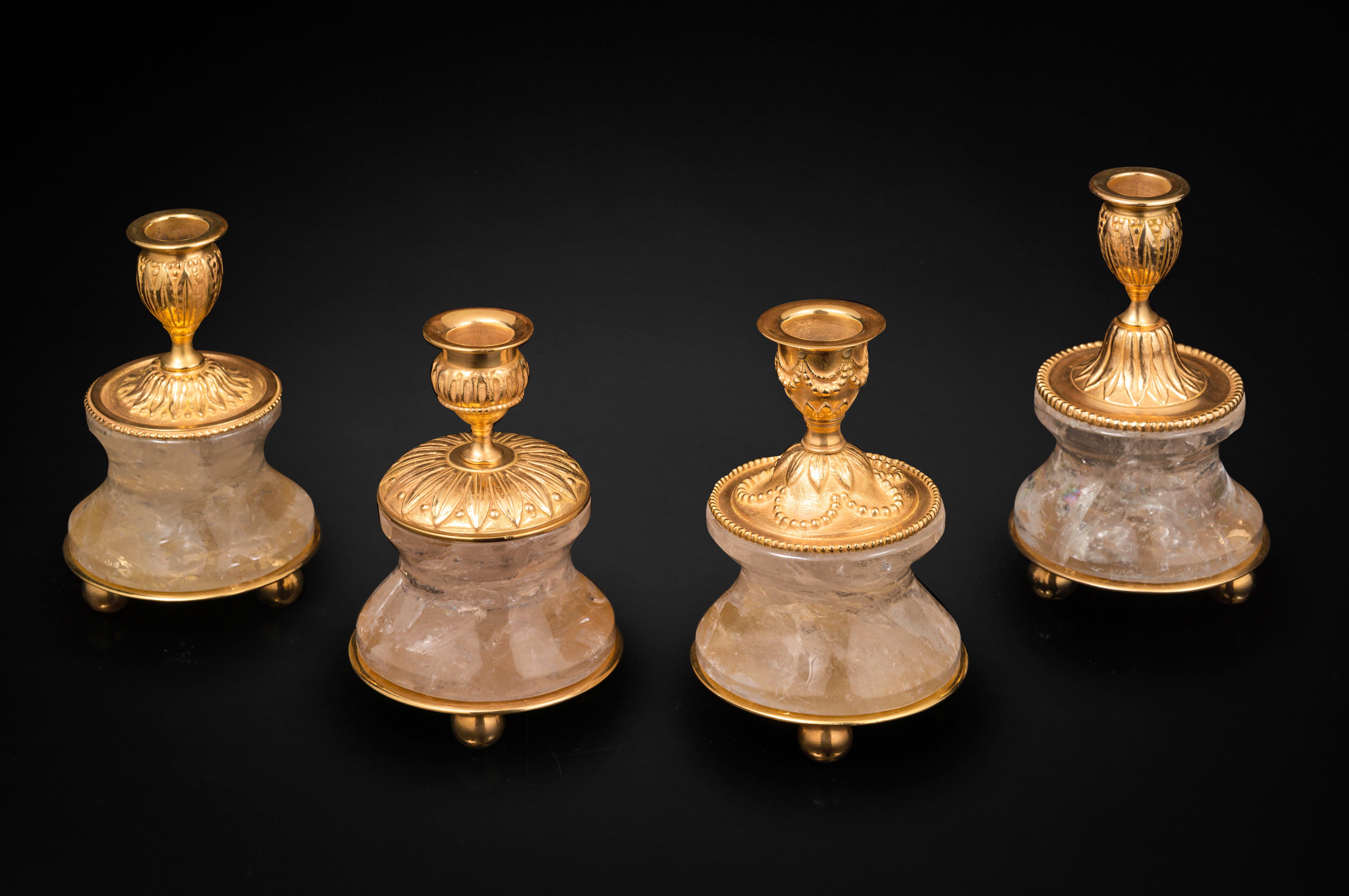 Contemporary Rock Crystal Louis XVI Style 24-Karat Ormolu Gilding Bronze Lamps Ivory Shades For Sale