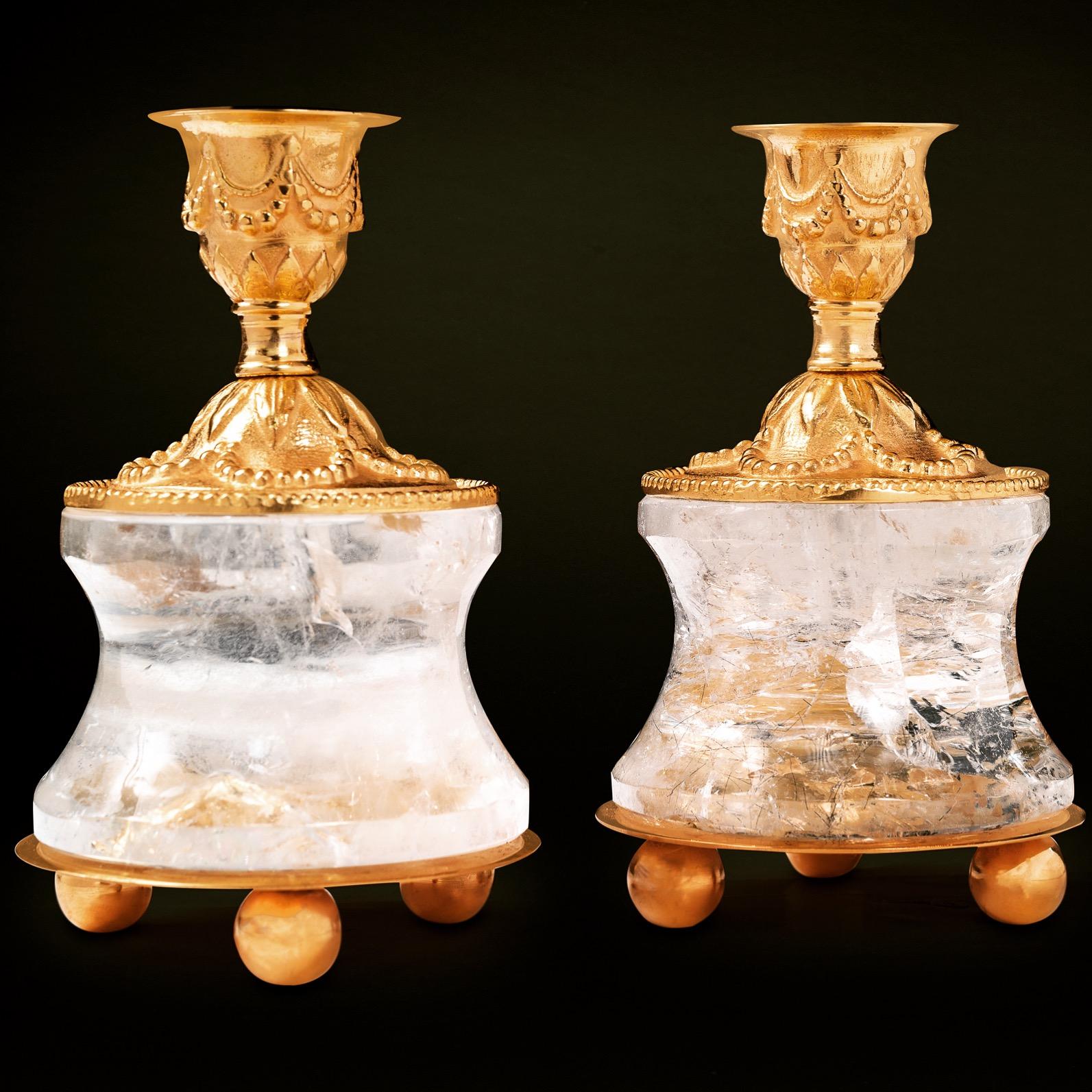 Rock Crystal Louis XVI Style 24-Karat Ormolu Gilding Bronze Lamps Ivory Shades For Sale 1