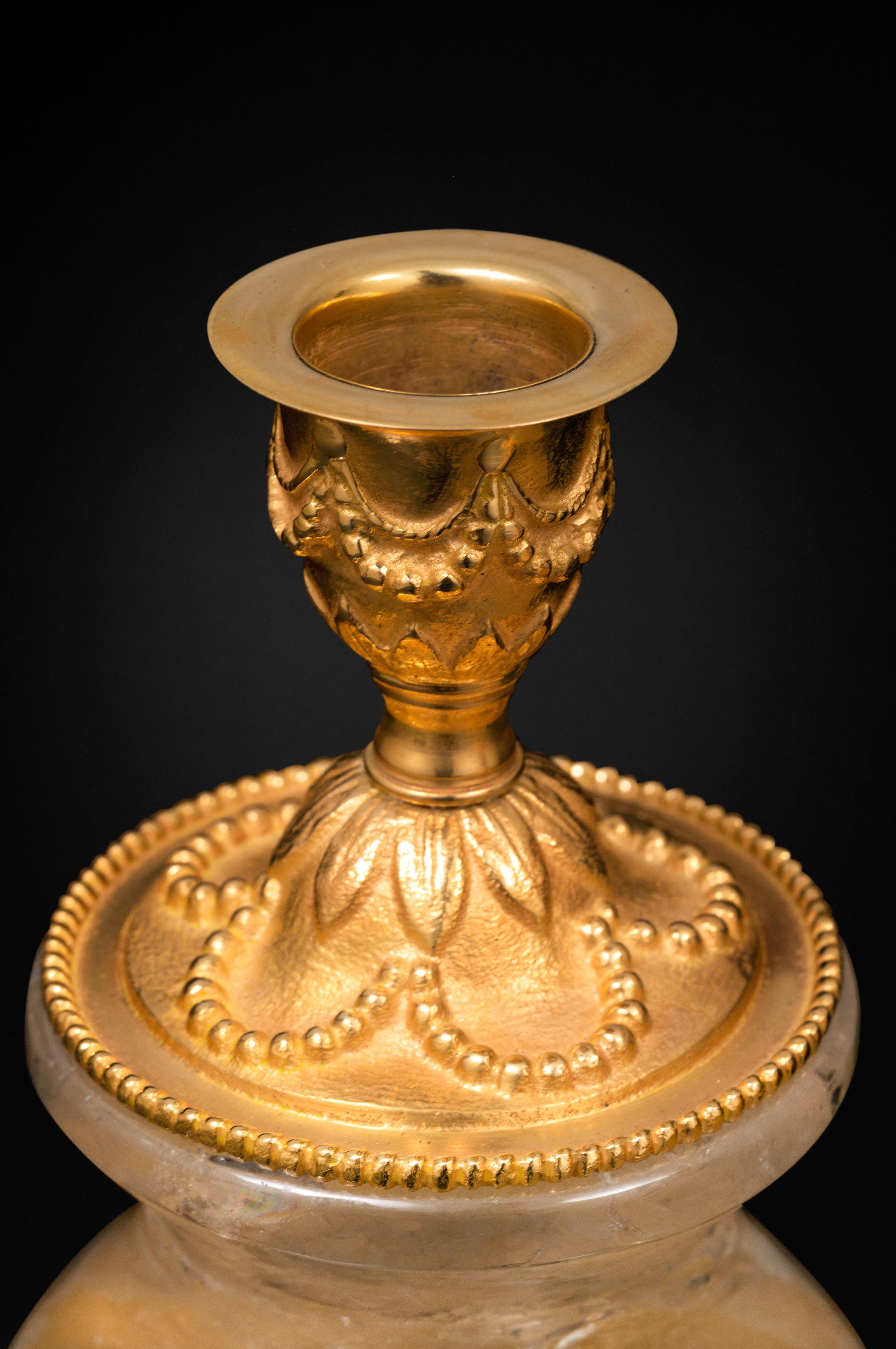 Rock Crystal Louis XVI Style 24-Karat Ormolu Gilding Bronze Lamps Ivory Shades For Sale 2