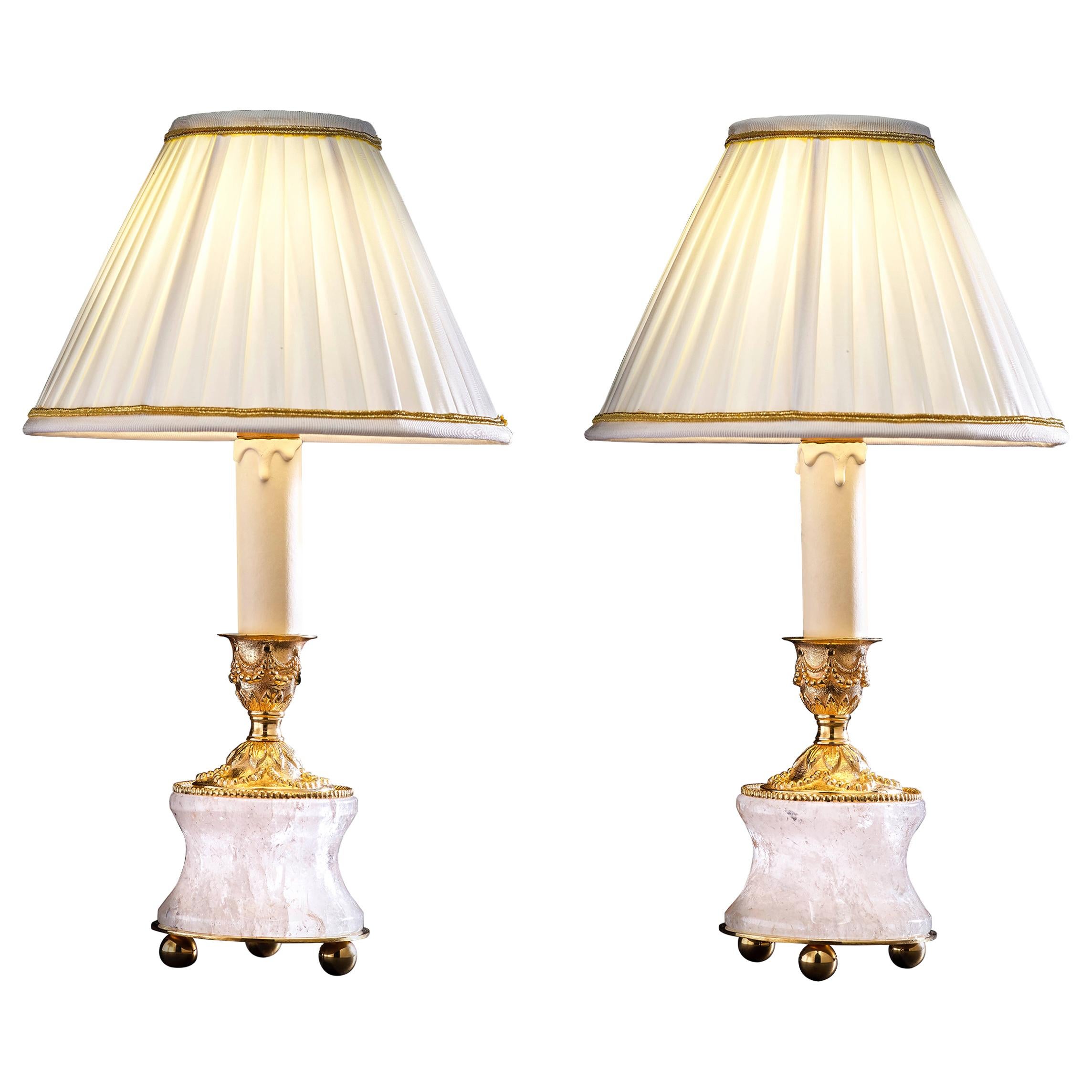 Rock Crystal Louis XVI Style 24-Karat Ormolu Gilding Bronze Lamps Ivory Shades