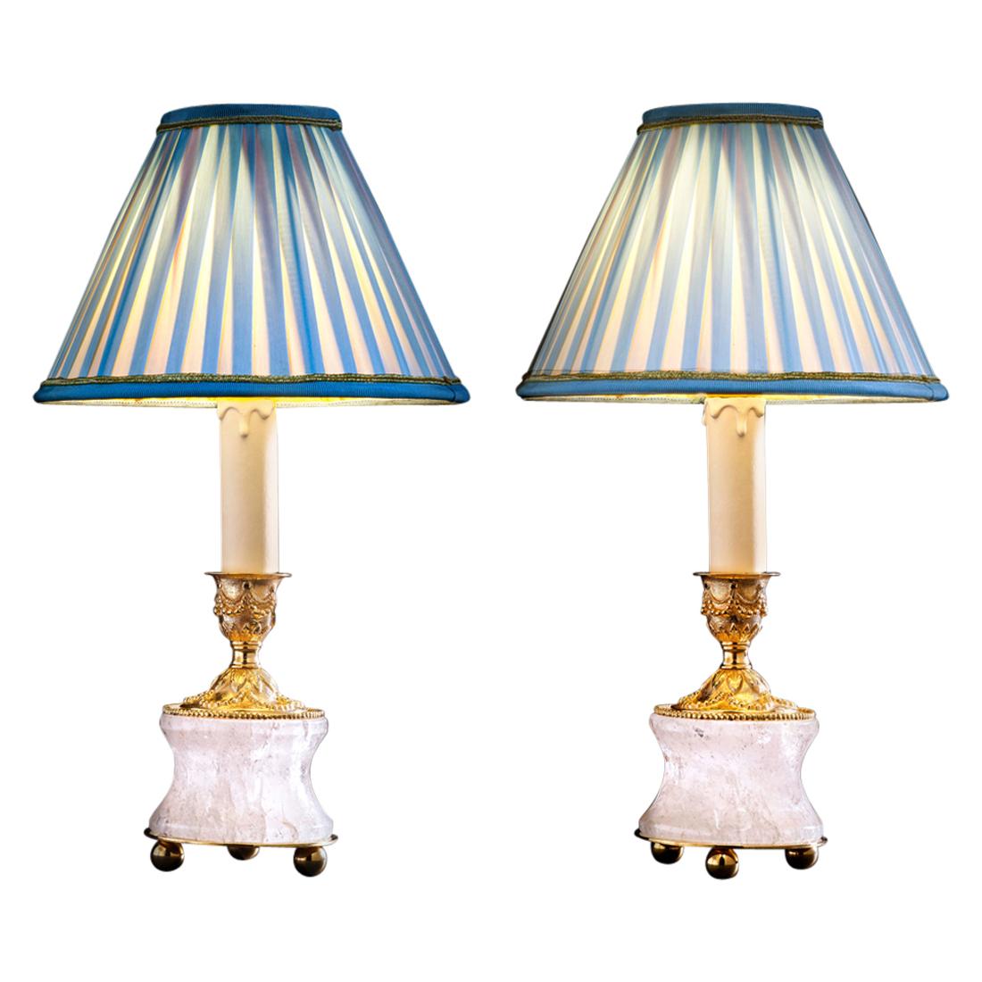 Rock Crystal Louis the Xvith Style 24k Ormolu Gilding Bronze Lamps Blue Shades