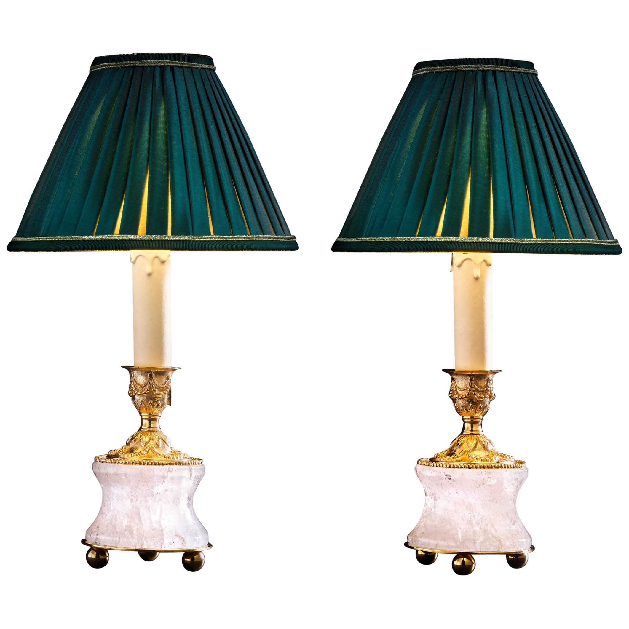 Rock Crystal Louis the Xvith Style 24k Ormolu Gilding Bronze Lamps Green Shades