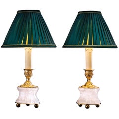 Rock Crystal Louis the Xvith Style 24k Ormolu Gilding Bronze Lamps Green Shades