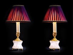 Rock Crystal Louis XVI Style 24-Karat Ormolu Gilding Bronze Lamps Purple Shades