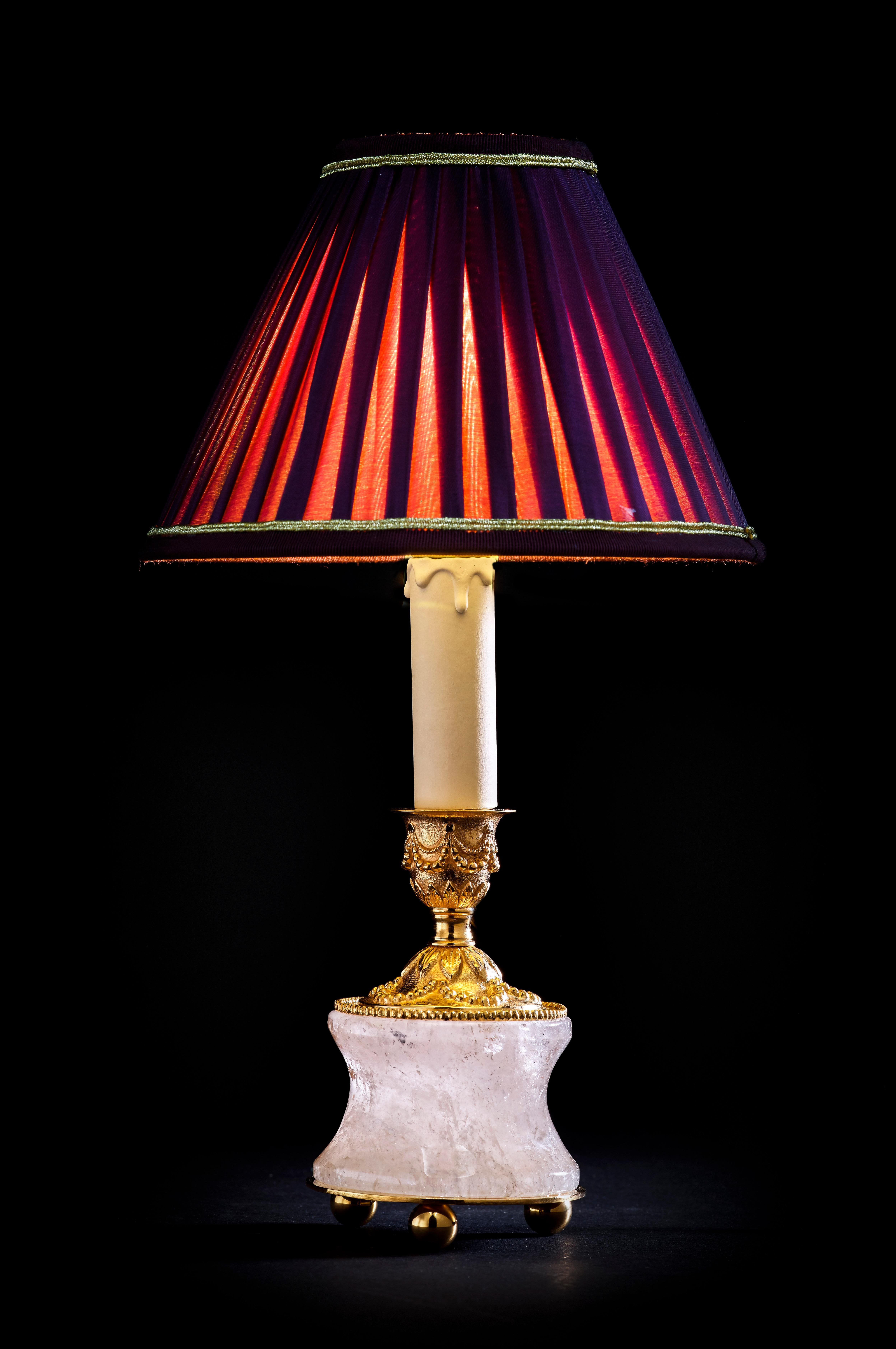 French Rock Crystal Louis XVI Style 24-Karat Ormolu Gilding Bronze Lamps Purple Shades For Sale