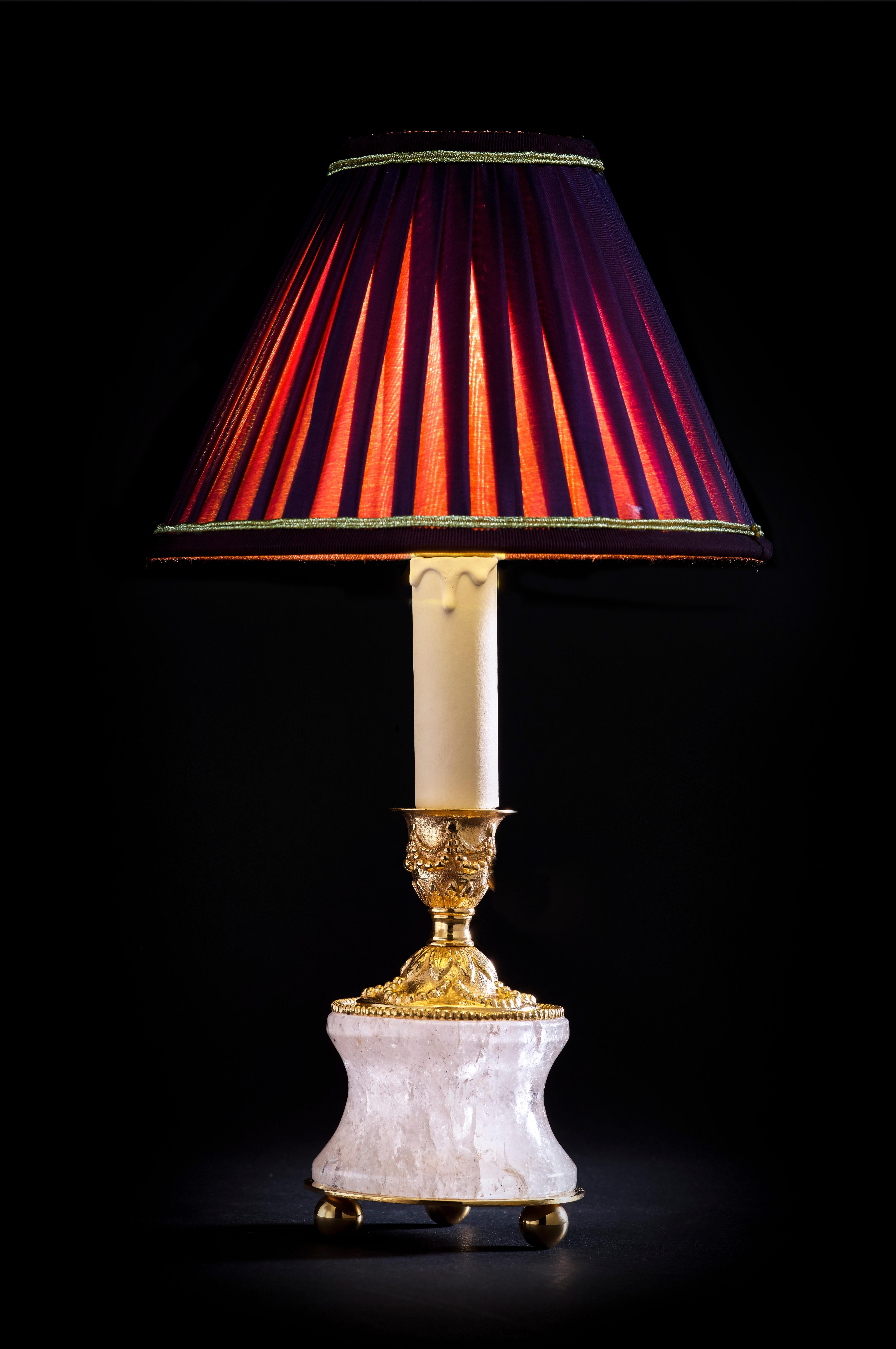 Rock Crystal Louis XVI Style 24-Karat Ormolu Gilding Bronze Lamps Purple Shades In New Condition For Sale In SAINT-OUEN, FR