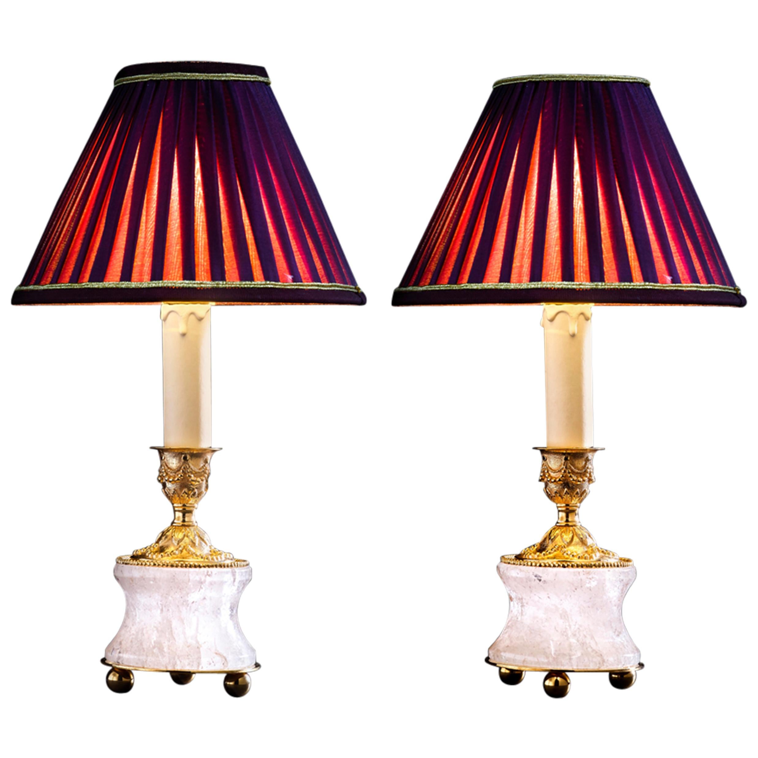 Rock Crystal Louis XVI Style 24-Karat Ormolu Gilding Bronze Lamps Purple Shades For Sale