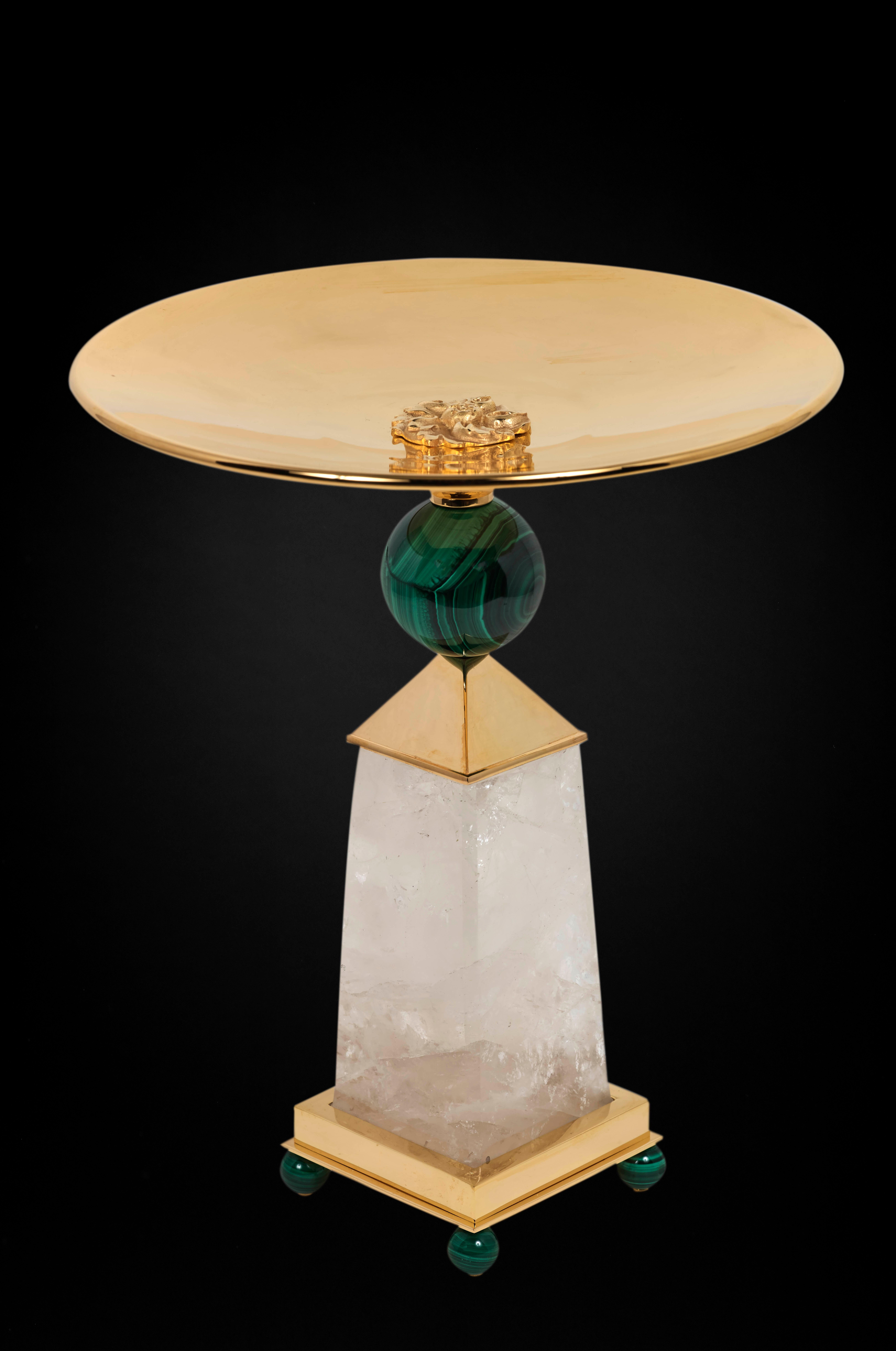Rock Crystal, Malachite, 24 K Gold Plated Pair of Centerpieces In New Condition For Sale In SAINT-OUEN, FR