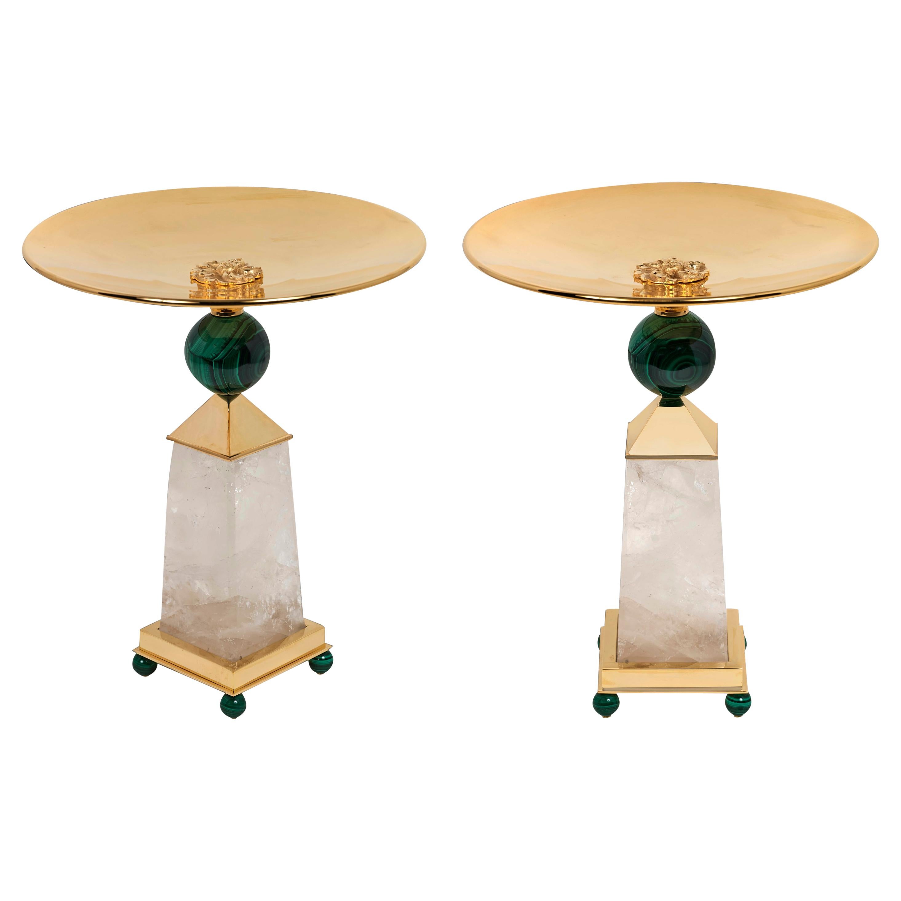 Rock Crystal, Malachite, 24 K Gold Plated Pair of Centerpieces For Sale