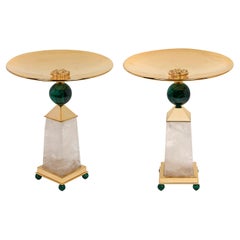 Rock Crystal, Malachite, 24 K Gold Plated Pair of Centerpieces