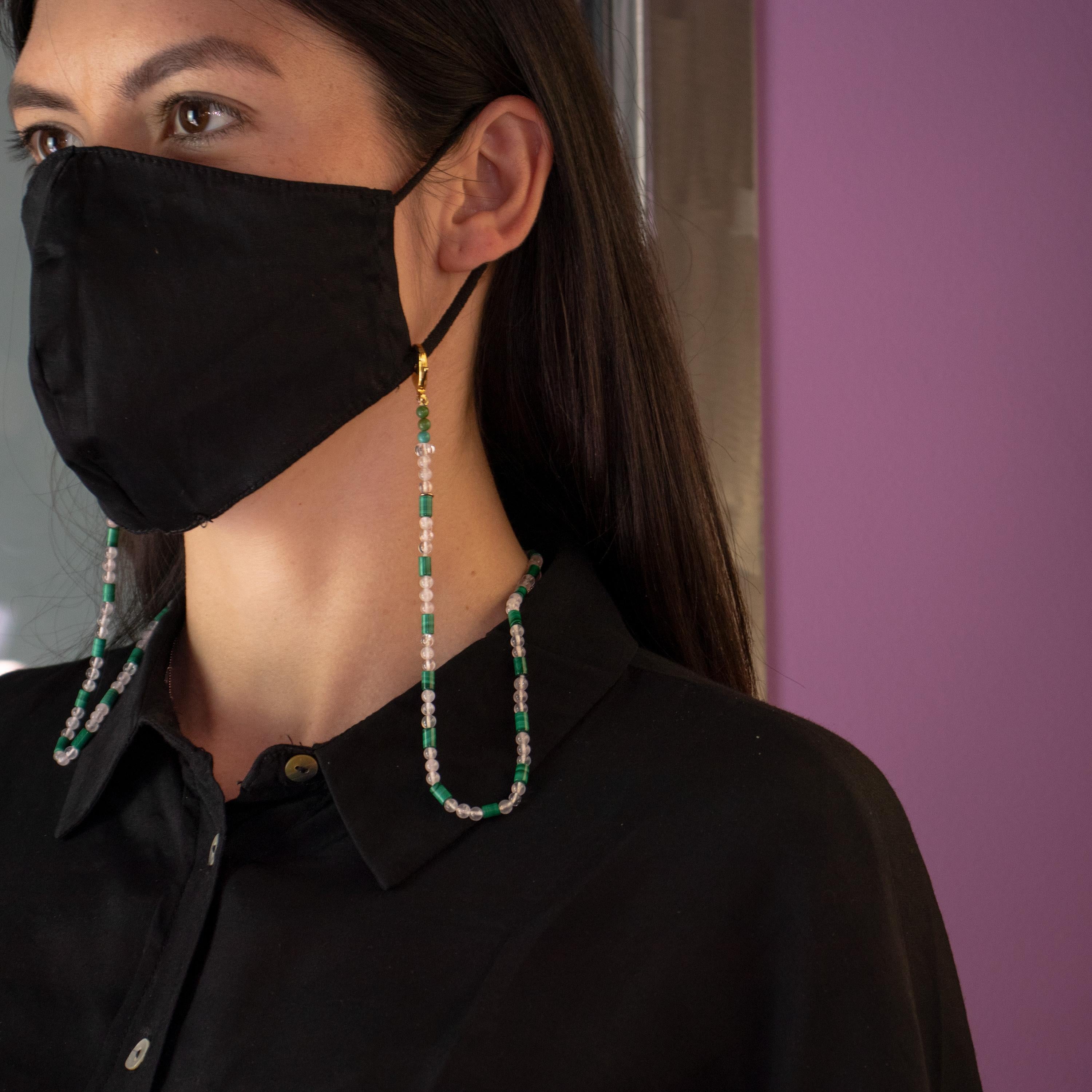 Art Nouveau Cristallo di rocca Malachite Cordino con perline Collana porta maschera fatta a mano in vendita