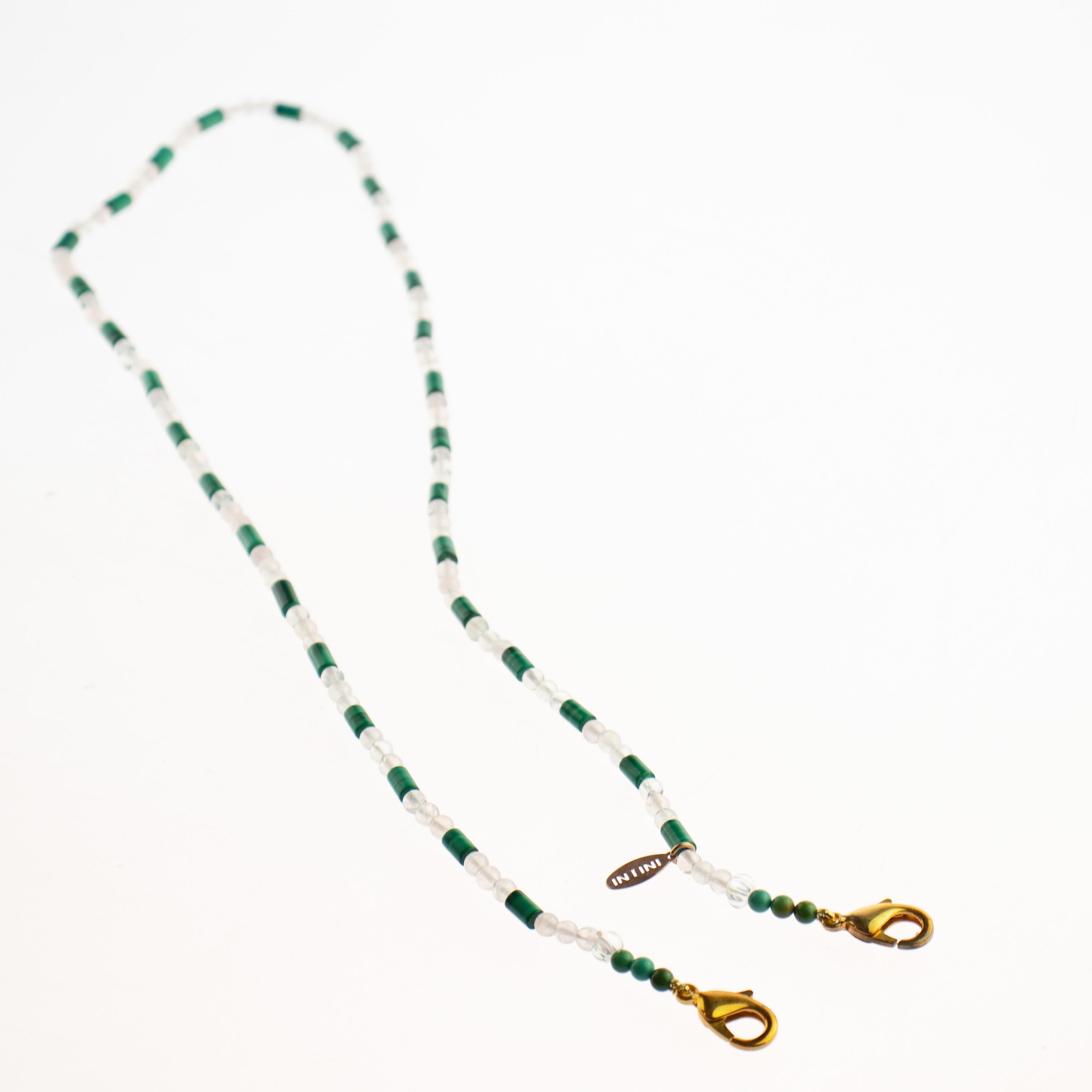 Art Nouveau Rock Crystal Malachite Beaded String Lanyard Handmade Face Mask Holder Necklace For Sale